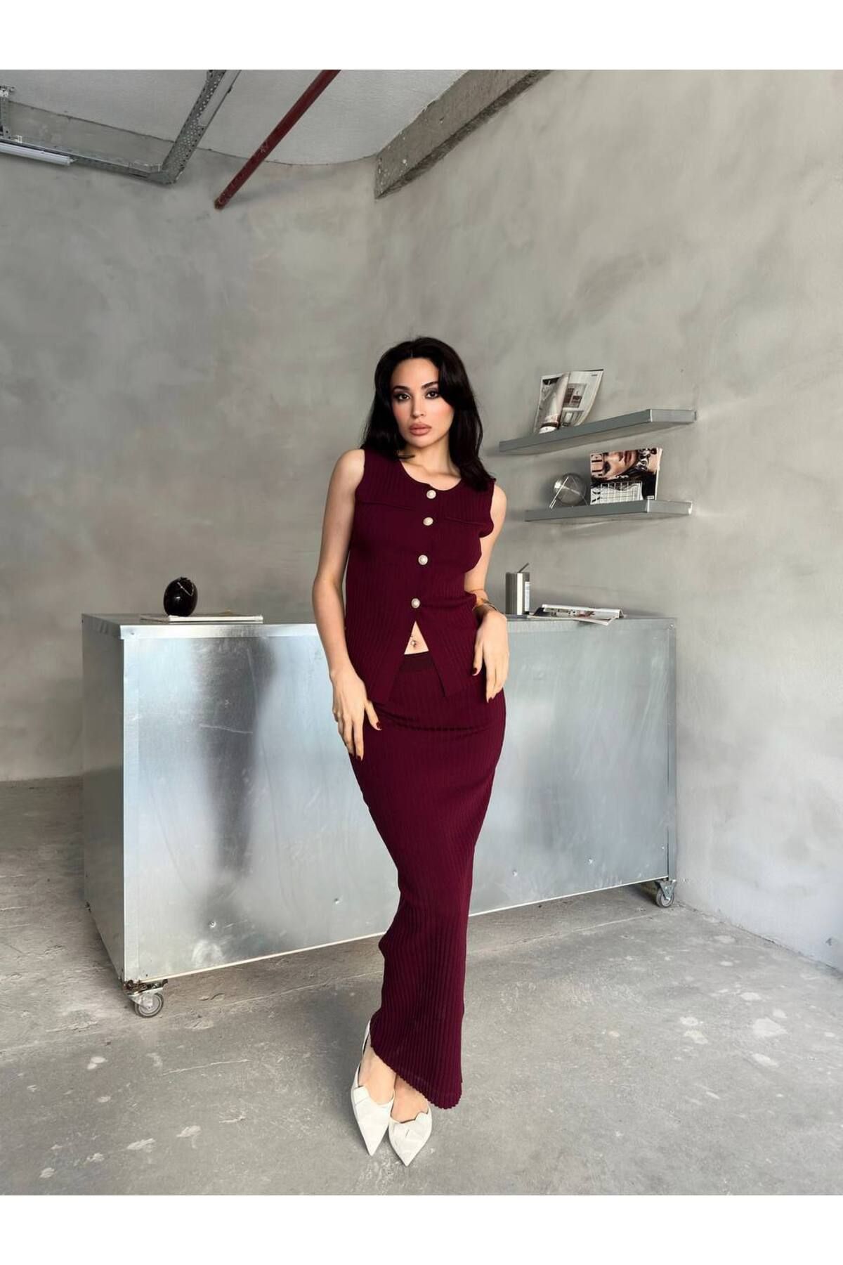 ELİFLEMODA Bordo gold düğmeli alt üst ikili takım