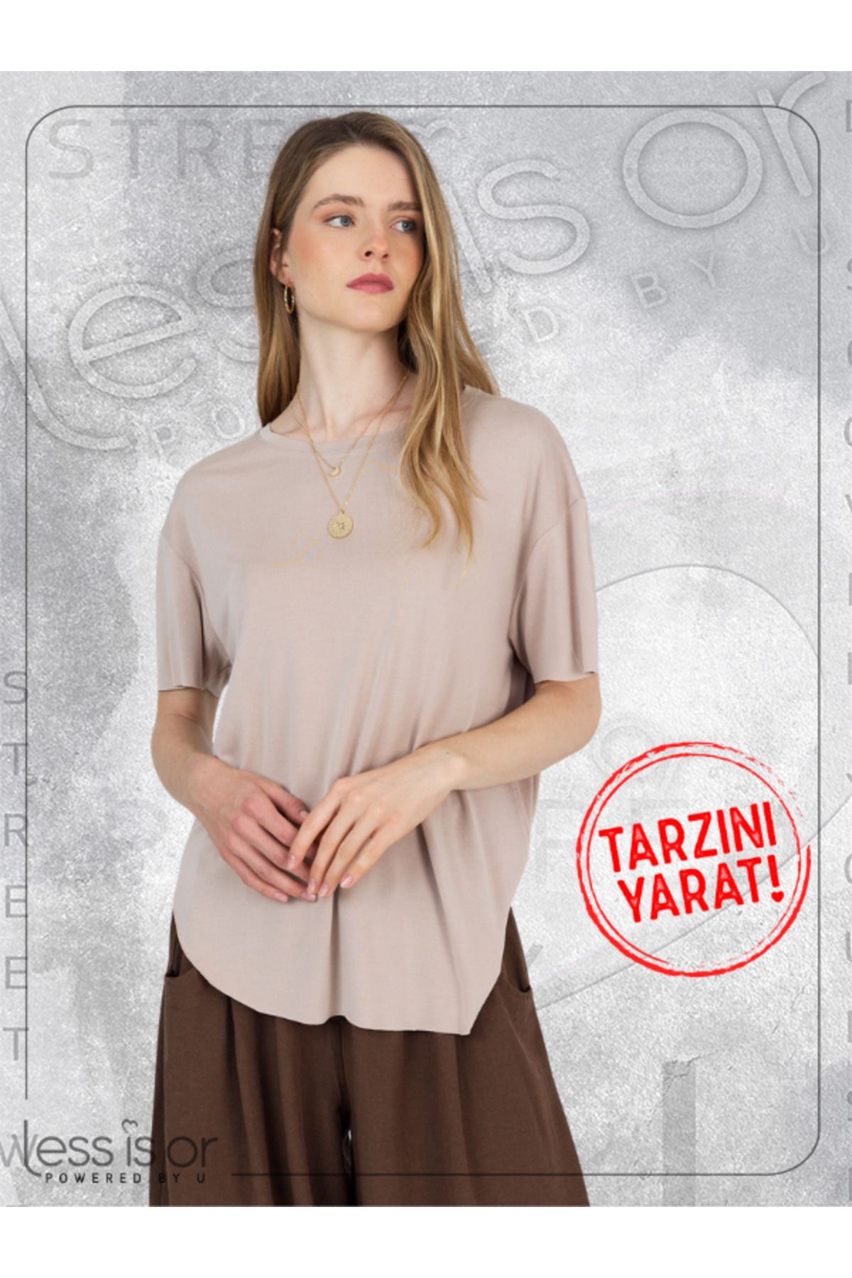 less is or Bisiklet Yaka Açık Kahverengi Lazer Kesim Kısa Kollu Basic Tshirt