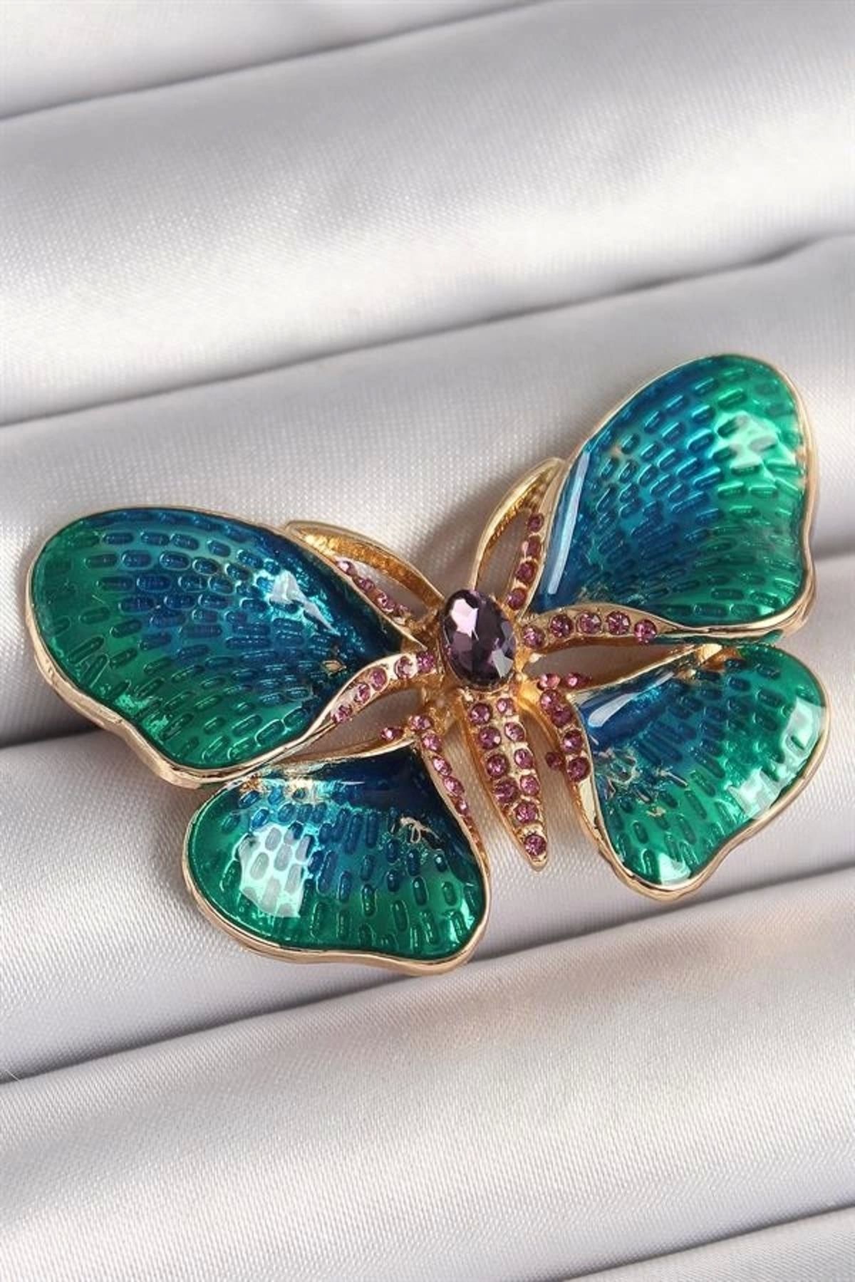 Lale Moda Pirinç Gold Renk Turquaz Model Zirkon Taş Detaylı Kelebek Model Kadın Broş