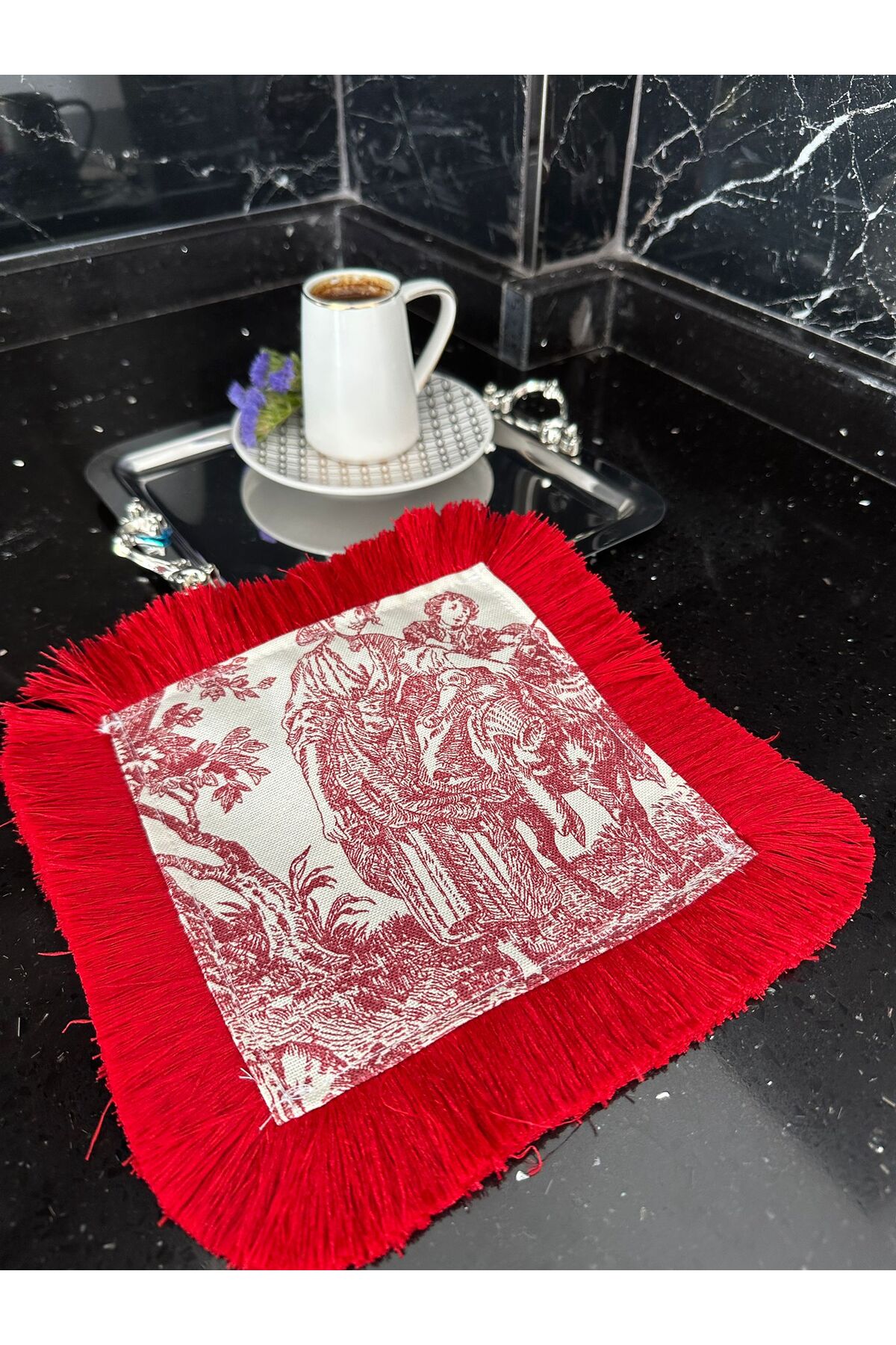 Coffee Side Serving Napkin, French Peasants Printed Napkin with Red Tassel, Cocktail Napkin