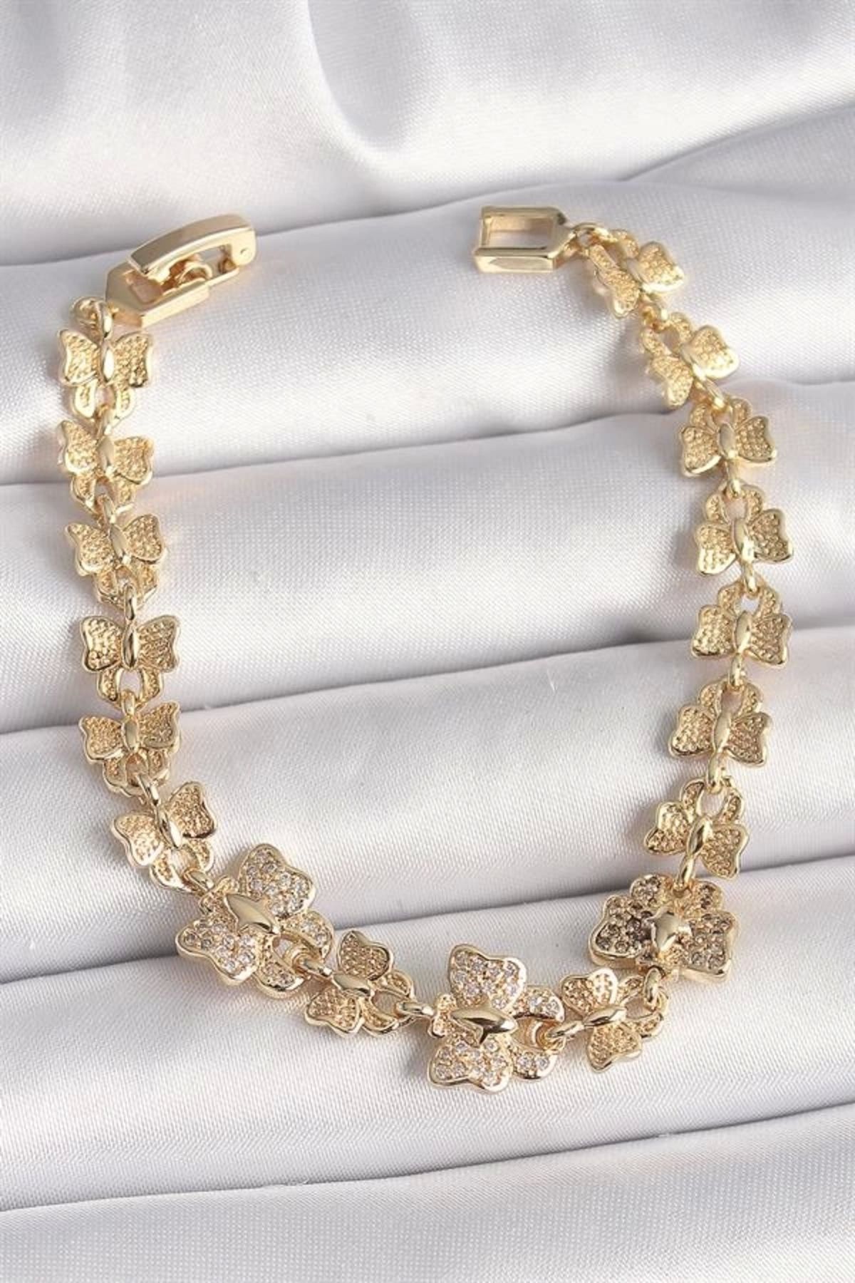 Lale Moda Pirinç Gold Renk Zirkon Taşlı Kelebek Model Zincir Kadın Bileklik