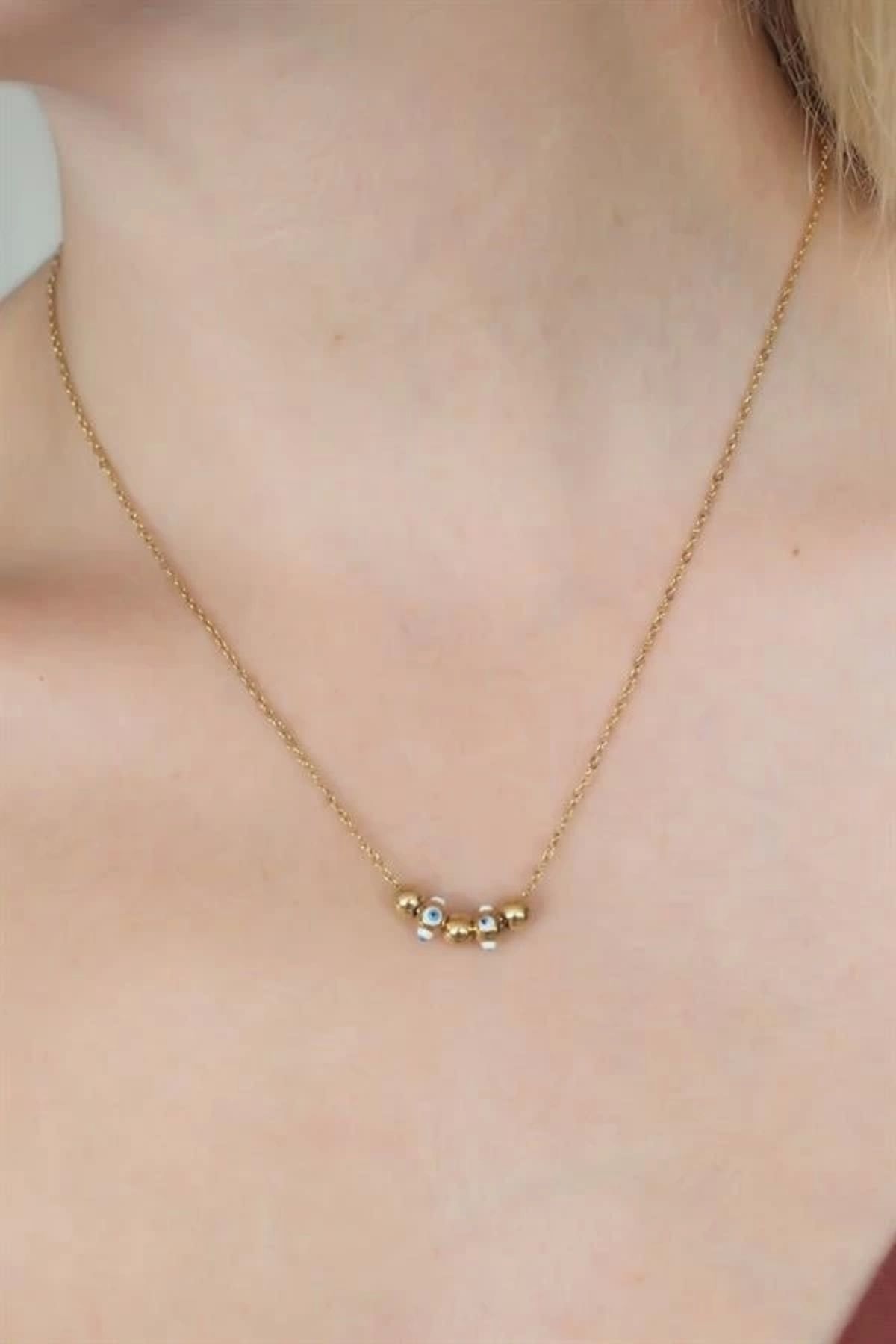 Lale Moda 316L Kararmaz Çelik Gold Renk Nazarlı Kadın Kolye