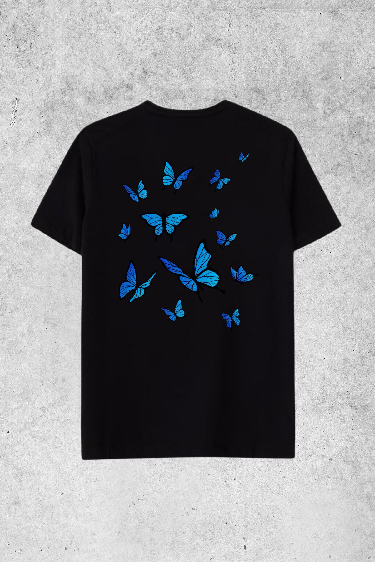 MOLICO Basic unisex sıfır yaka kısa kollu MAVİ KELEBEK SIRT baskılı OVERSİZE tshirt