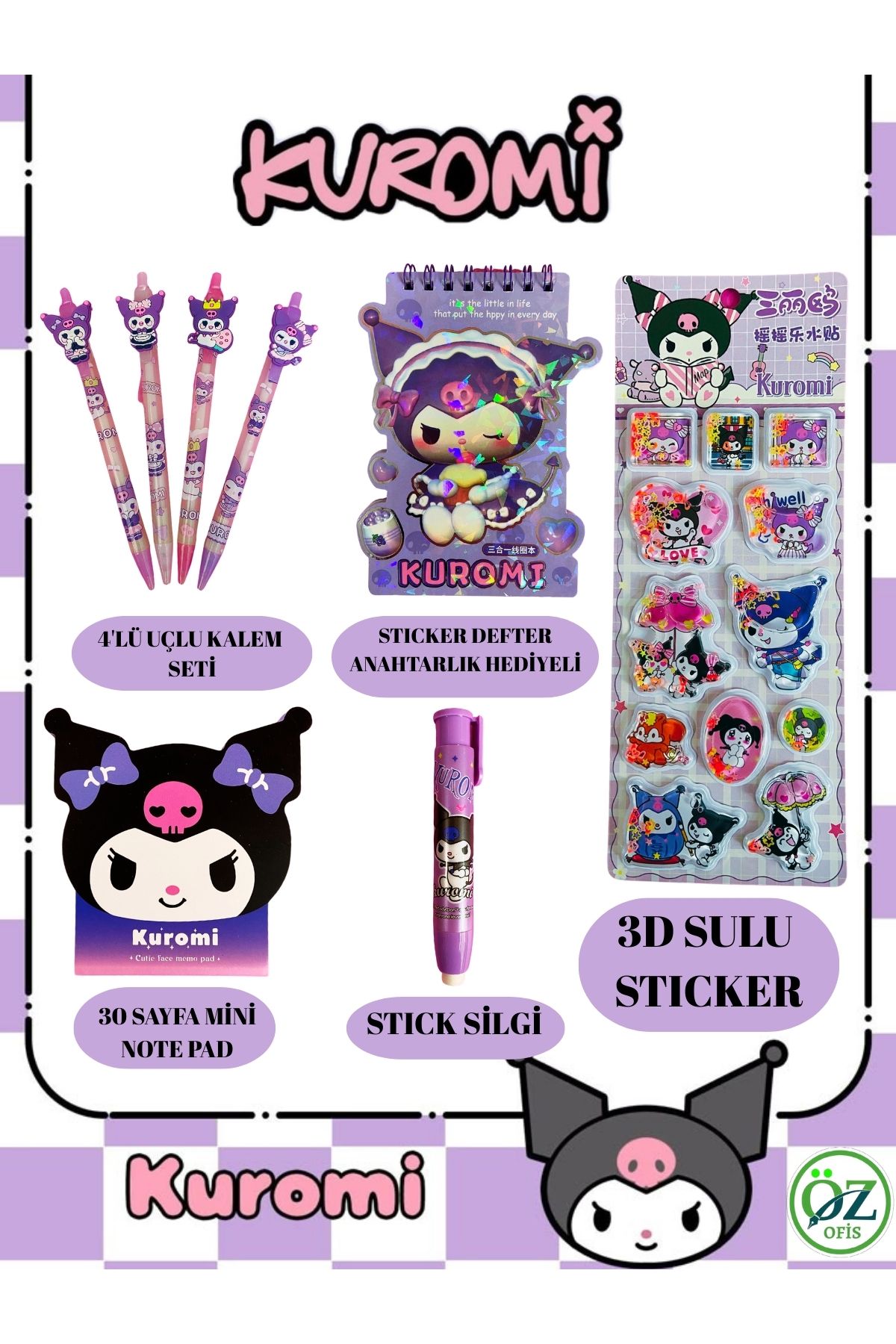 ÖZ OFİS Kuromi Sanrio 8 Parça Kırtasiye Seti Uçlu Kalem Silgi Note Pad 3D Stıcker Sticker Defter
