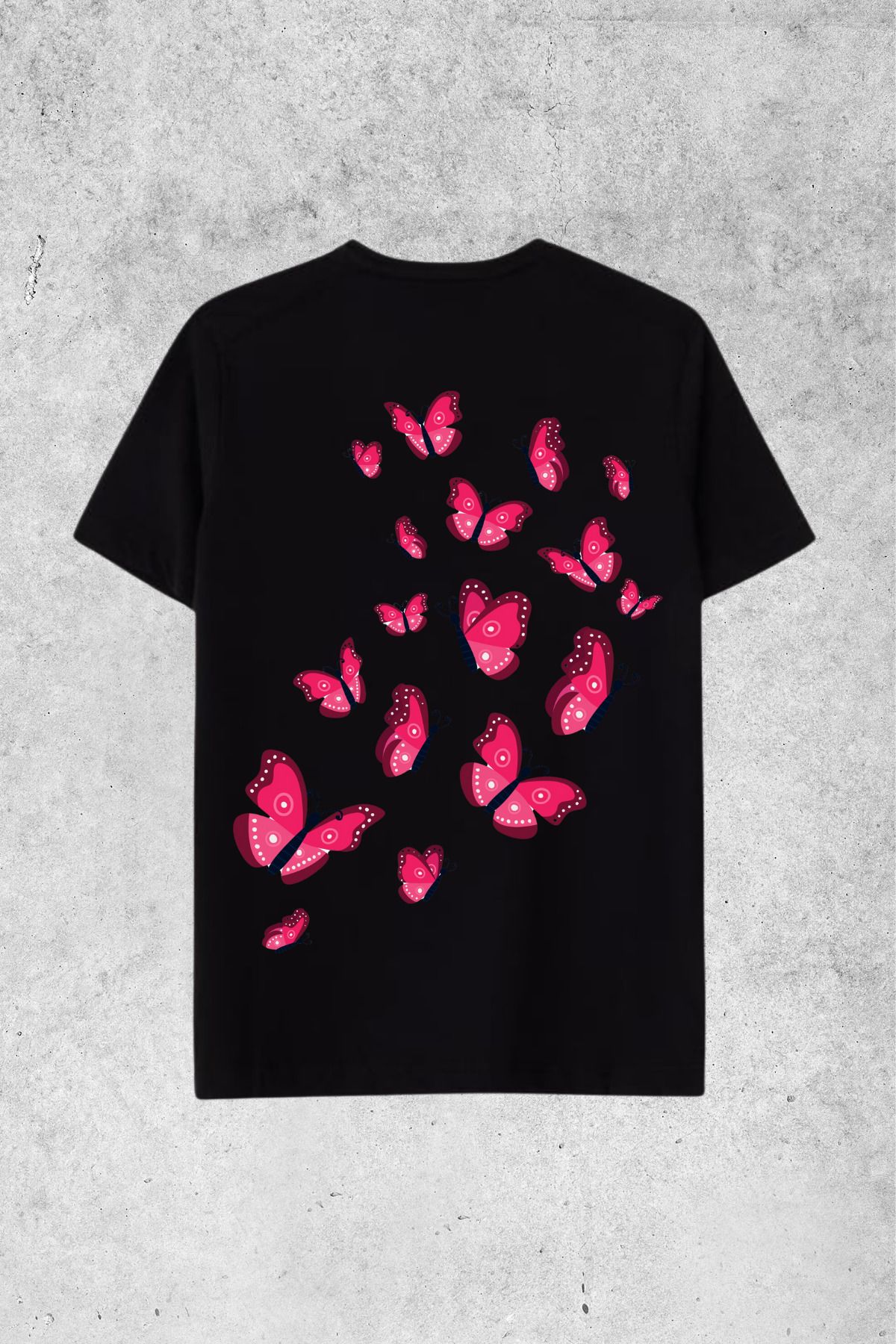 MOLICO Basic unisex sıfır yaka kısa kollu KOYU PEMBE KELEBEK SIRT baskılı OVERSİZE tshirt