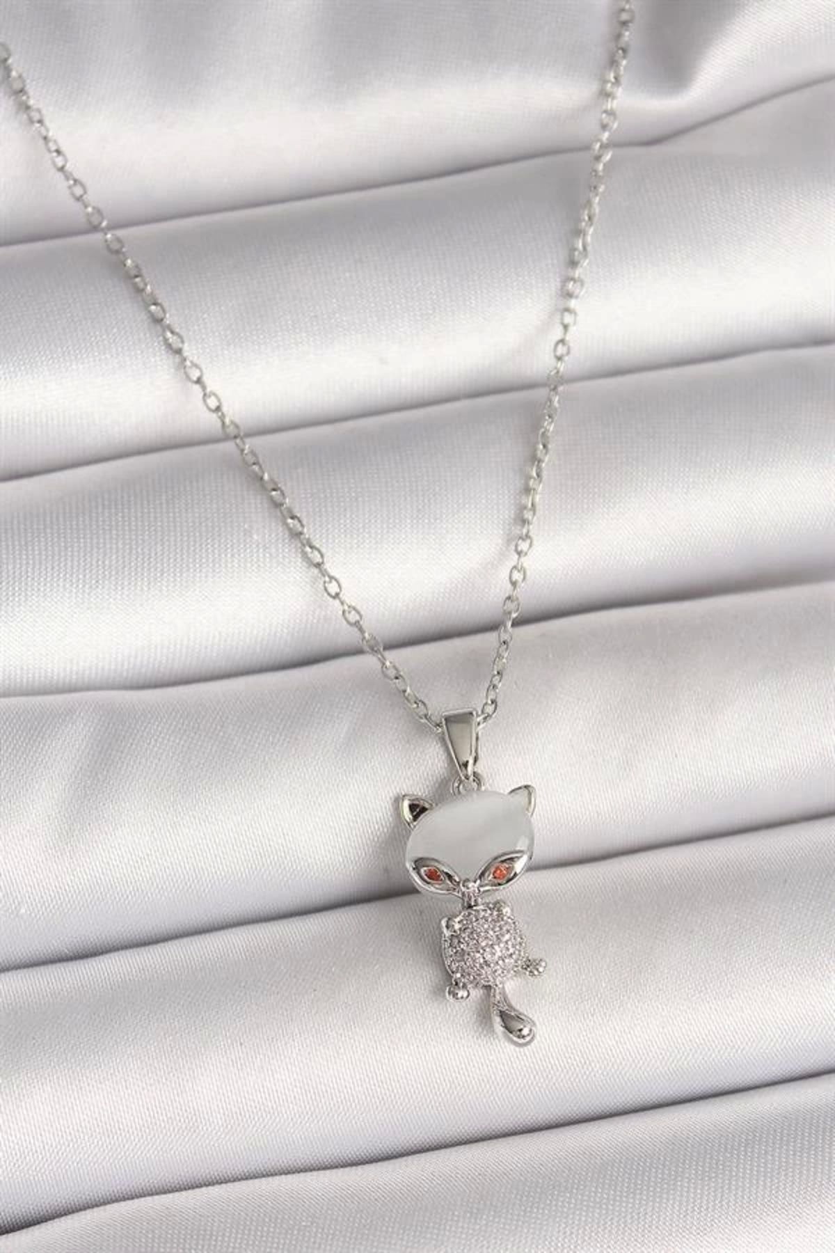 Lale Moda 316L Çelik Gümüş Renk Zincir Zirkon Taşlı Kedi Model Kadın Kolye