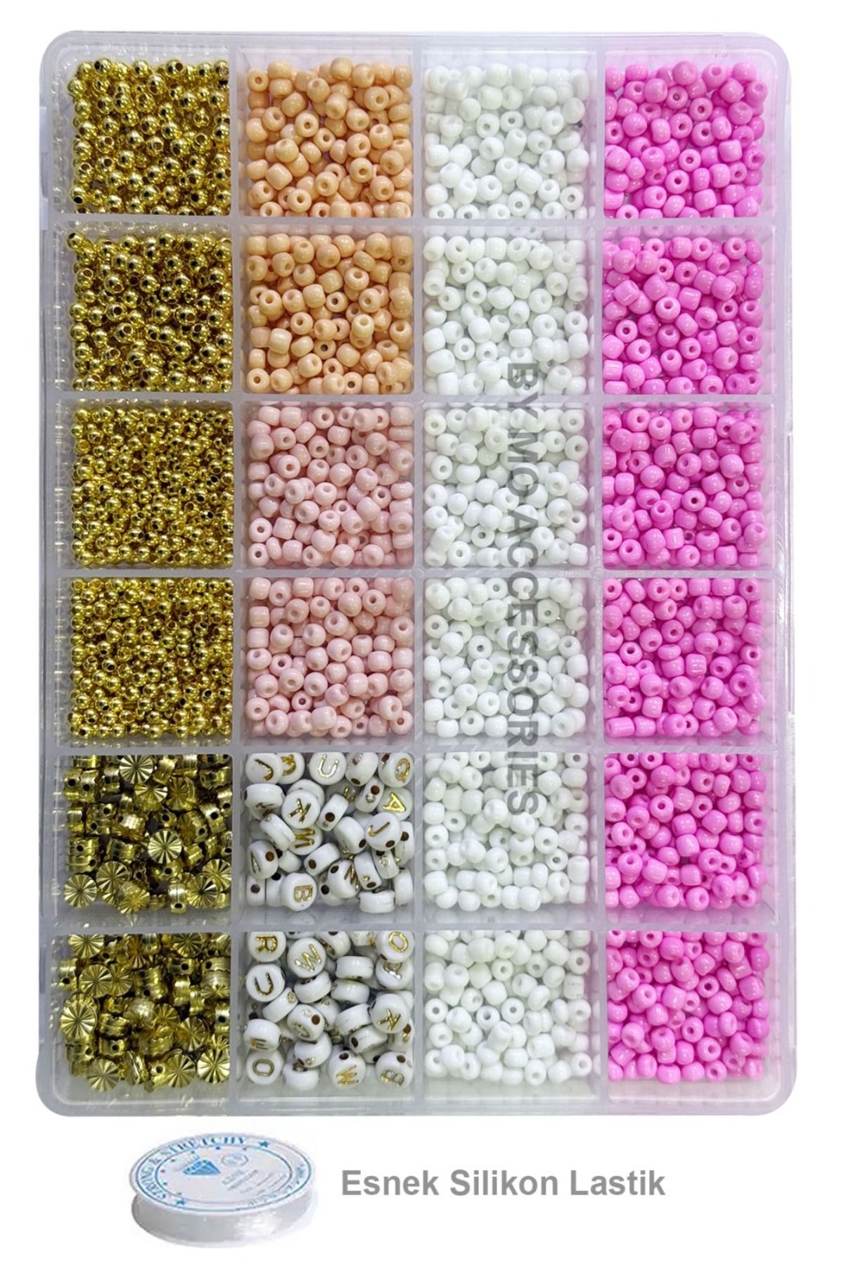 By MO Accessories 24'lü Kutuda Kum Boncuk Harf ve Altın Aparat Boncuklarla Takı Yapma Seti 3