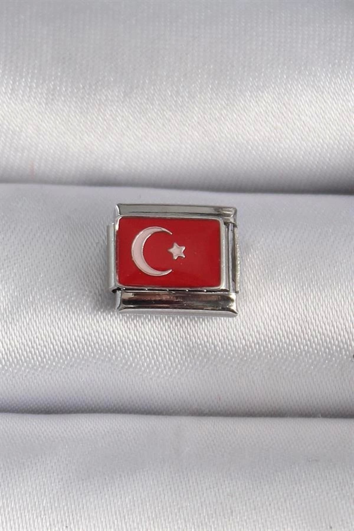 Lale Moda 316L Çelik Gümüş Renk Türk Bayrağı İşlemeli Nomination Charm