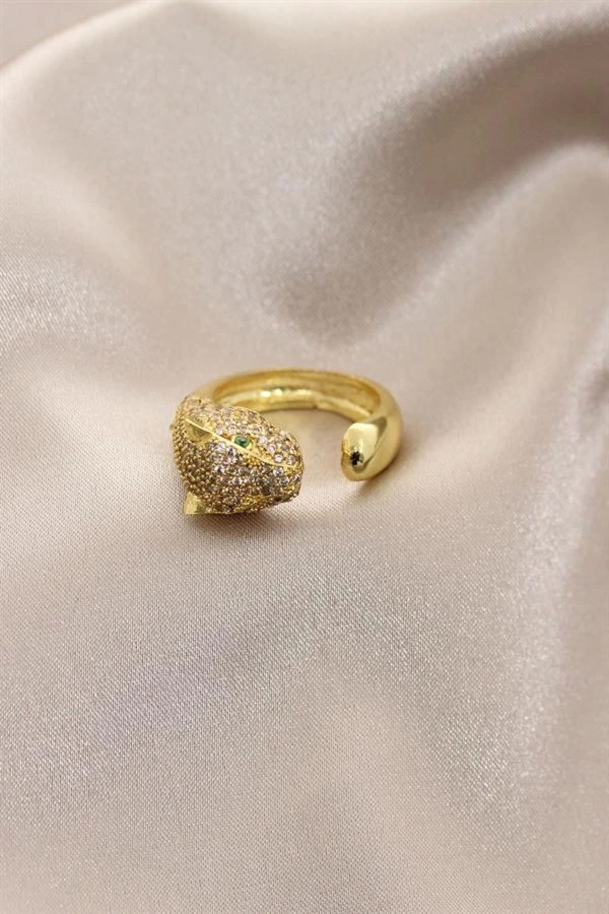 Lale Moda Yeni Sezon Gold Renk Taşlı Yeşil Gözlü Kaplan Yüzük