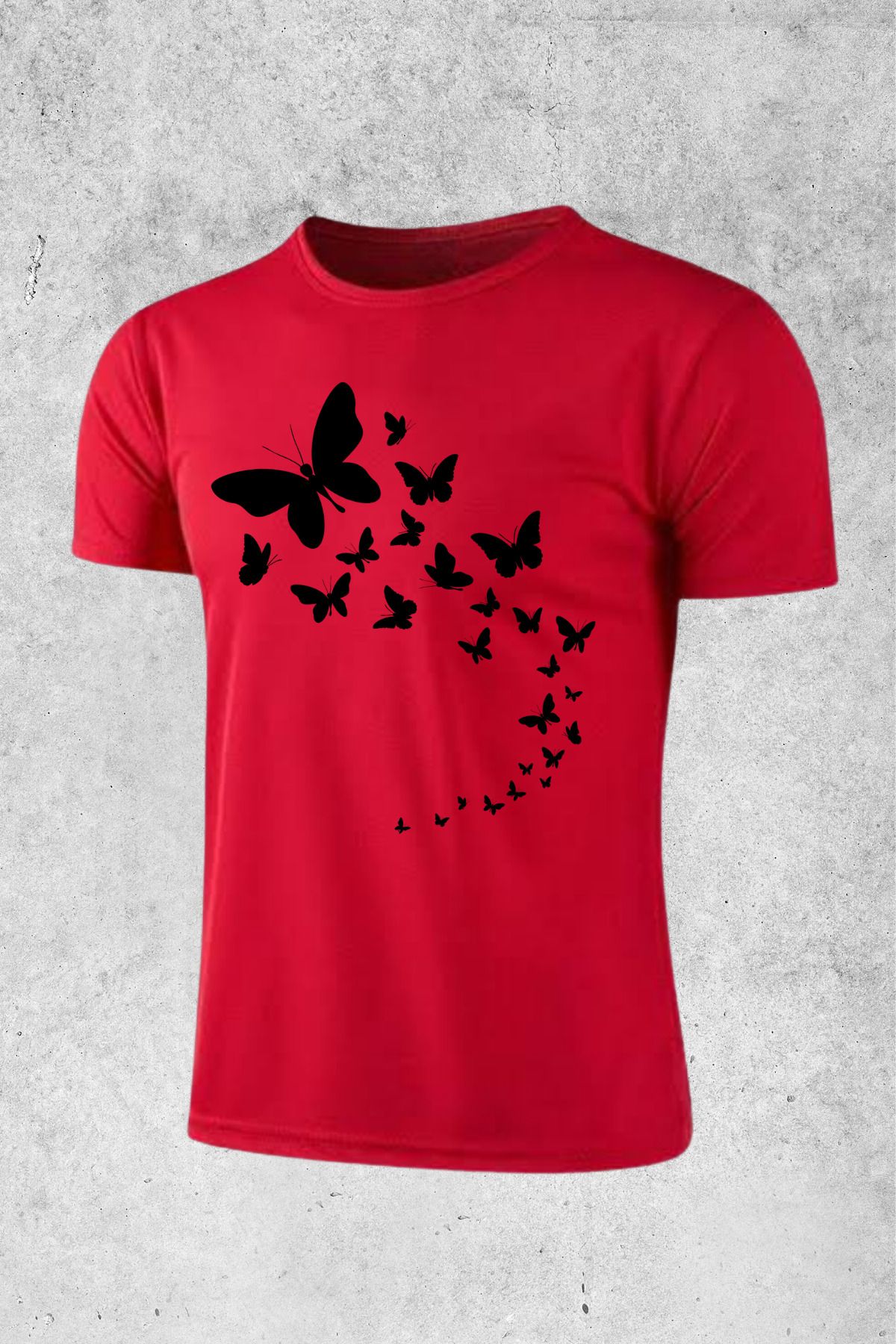 MOLICO Basic unisex sıfır yaka kısa kollu SİYAH KELEBEK baskılı tshirt