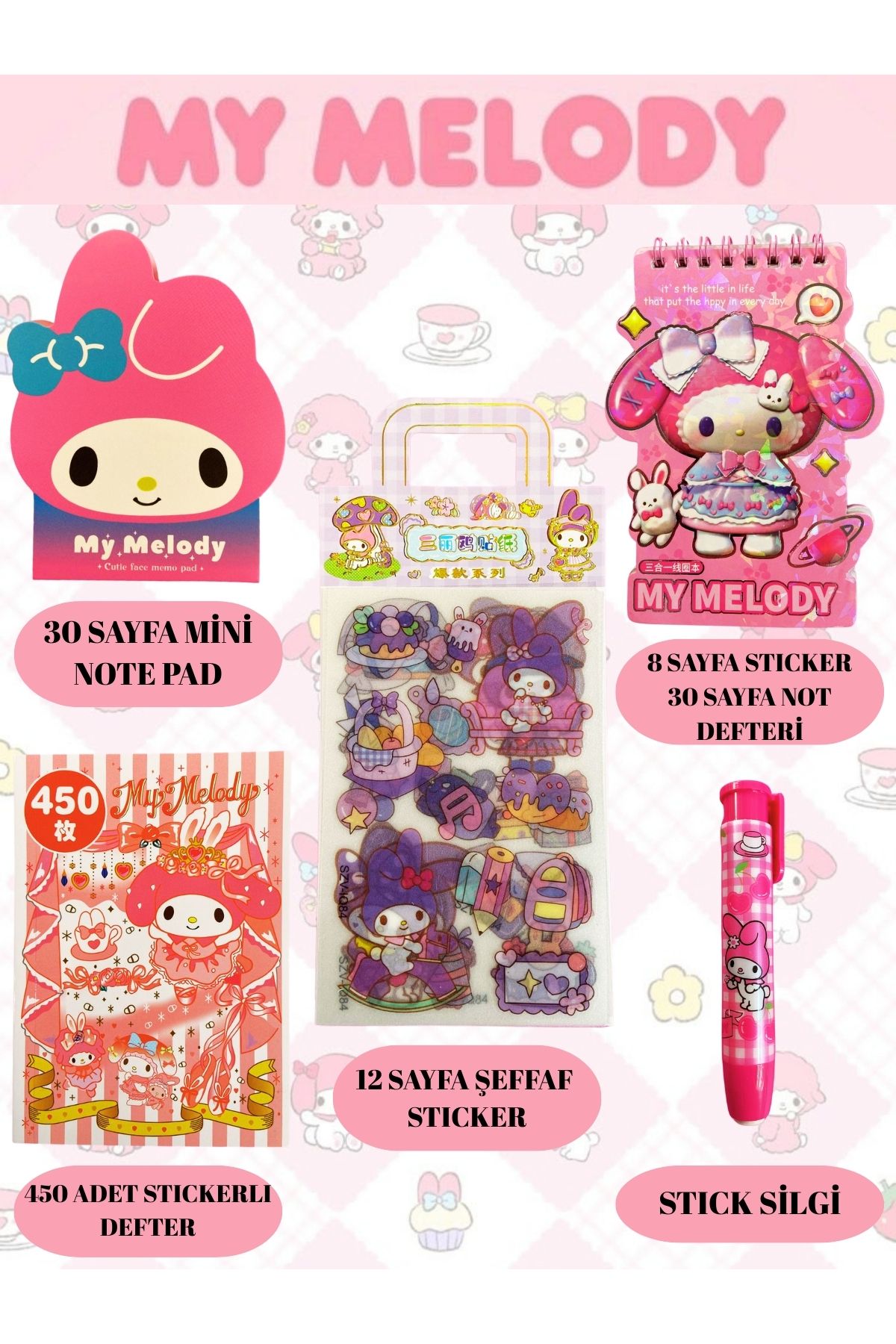 ÖZ OFİS My Melodi Sanrio 7 Parça Kırtasiye Seti Stıck Silgi Note Pad Şefaf Stıcker Sticker Defter