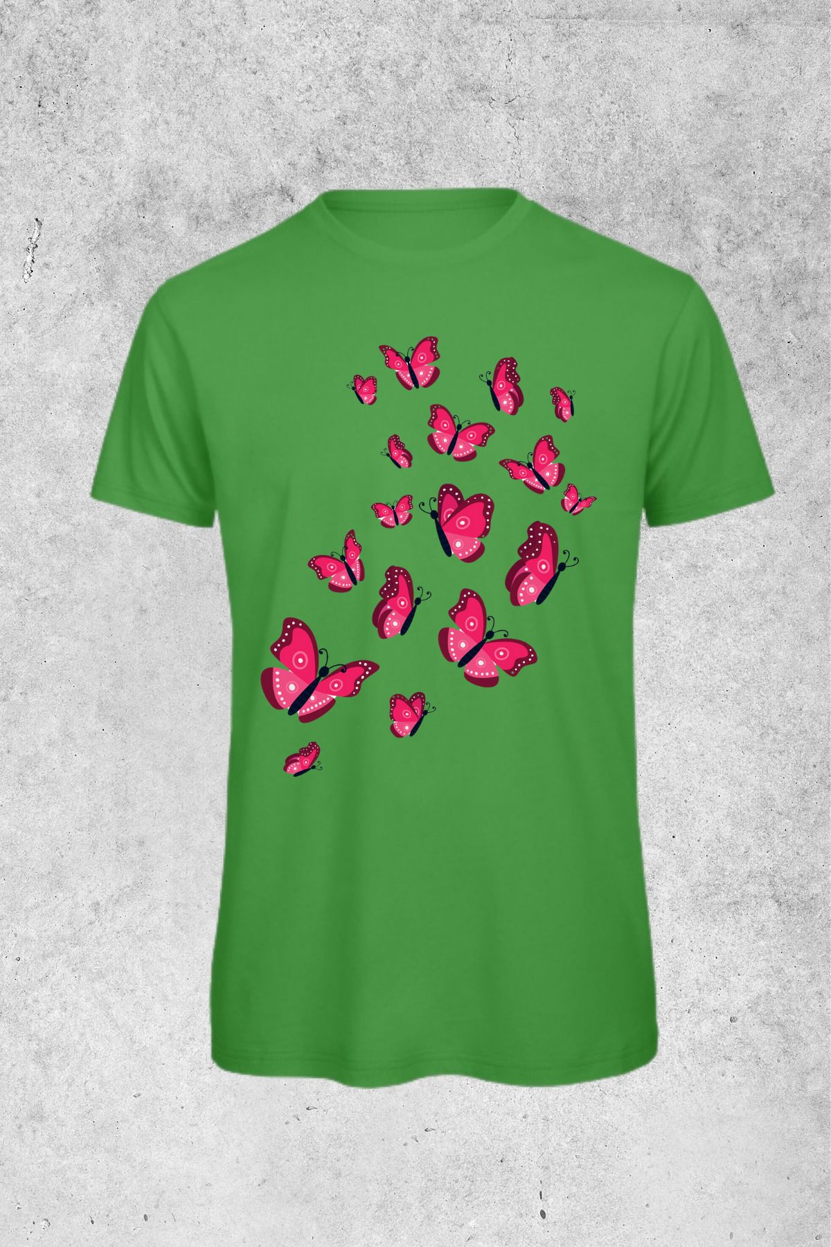 MOLICO Basic unisex sıfır yaka kısa kollu KOYU PEMBE KELEBEK baskılı tshirt