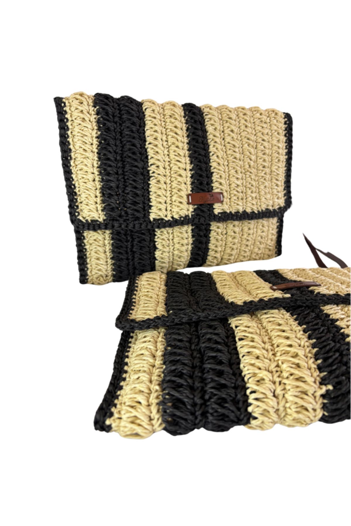 Kybele Handmade Ekru Siyah Hasır Clutch Çanta