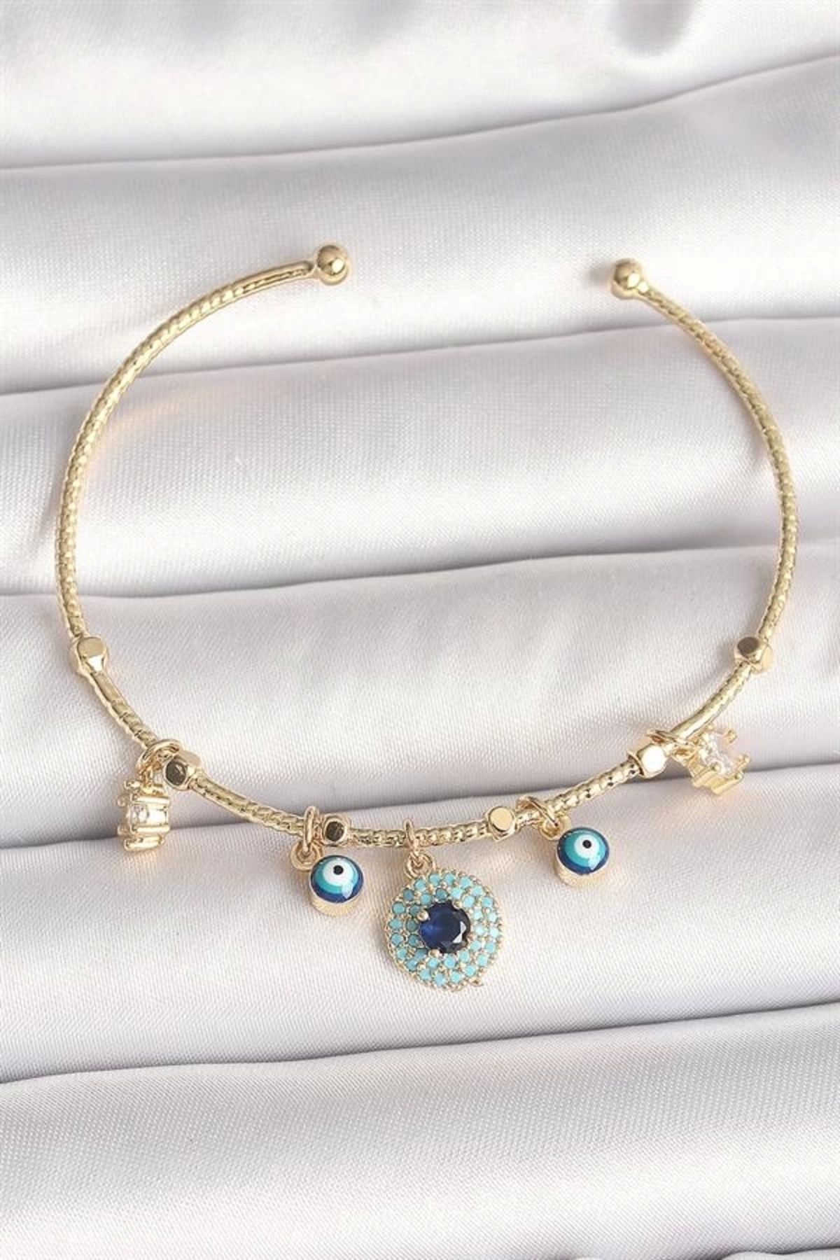 Lale Moda Pirinç Gold Renk Zirkon Taşlı Nazar Boncuk Detay Charm Kadın Bileklik