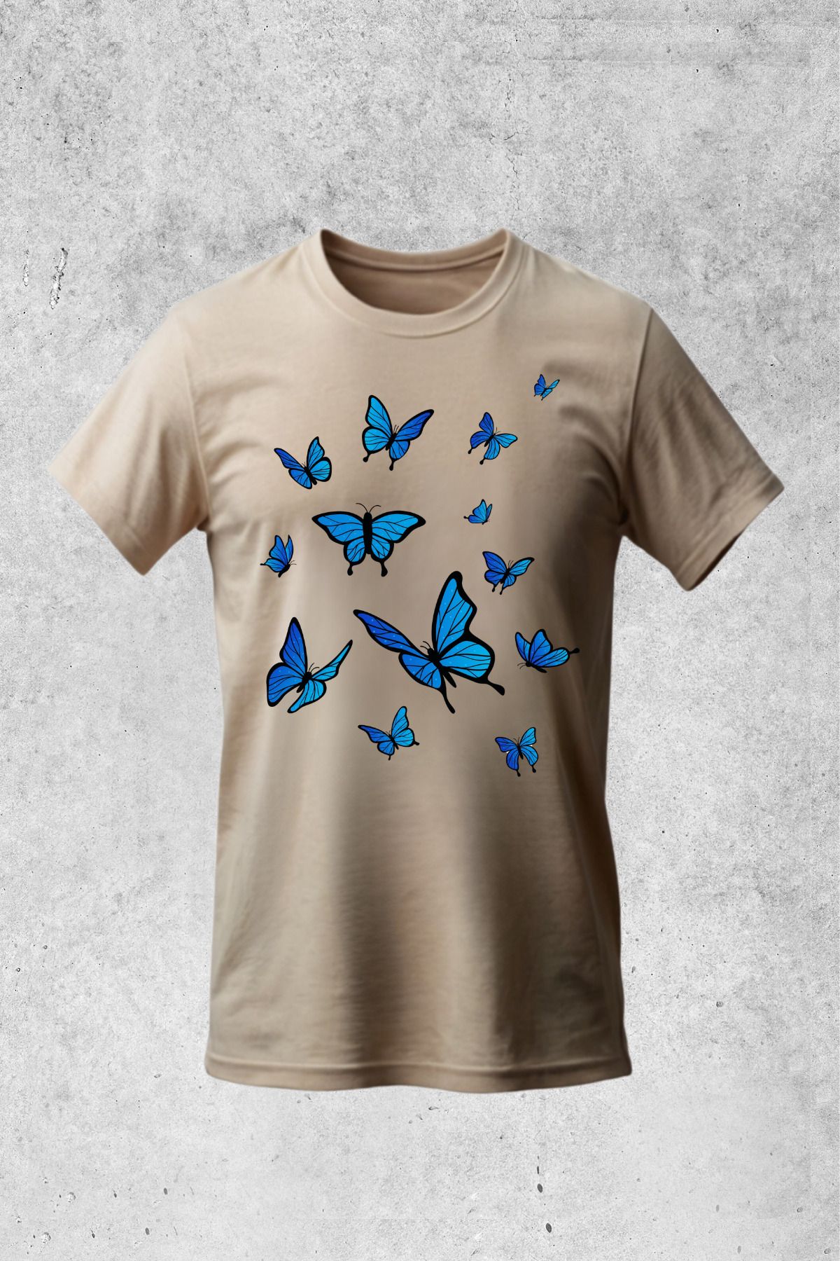 MOLICO Basic unisex sıfır yaka kısa kollu MAVİ KELEBEK baskılı tshirt