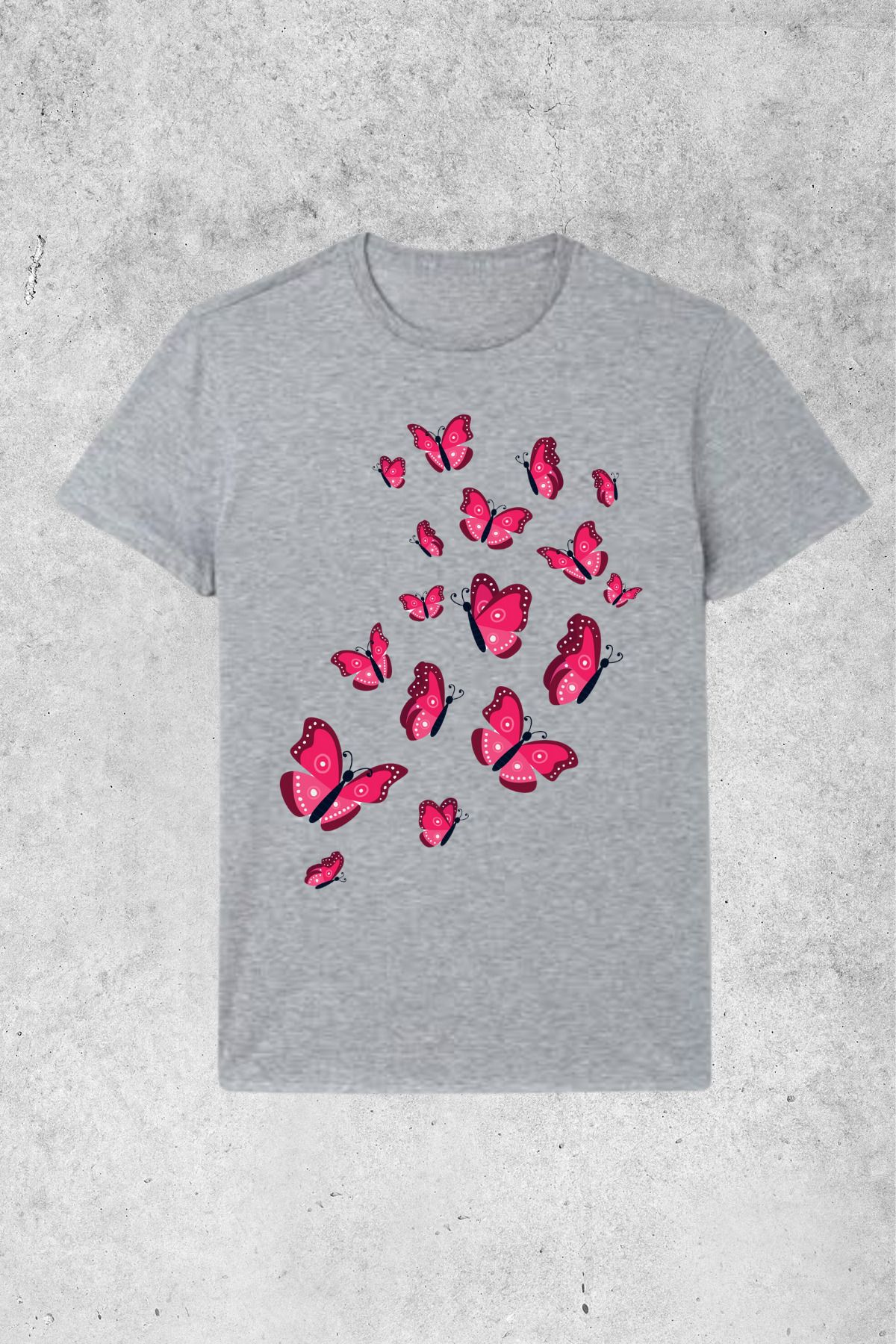 MOLICO Basic unisex sıfır yaka kısa kollu KOYU PEMBE KELEBEK baskılı tshirt