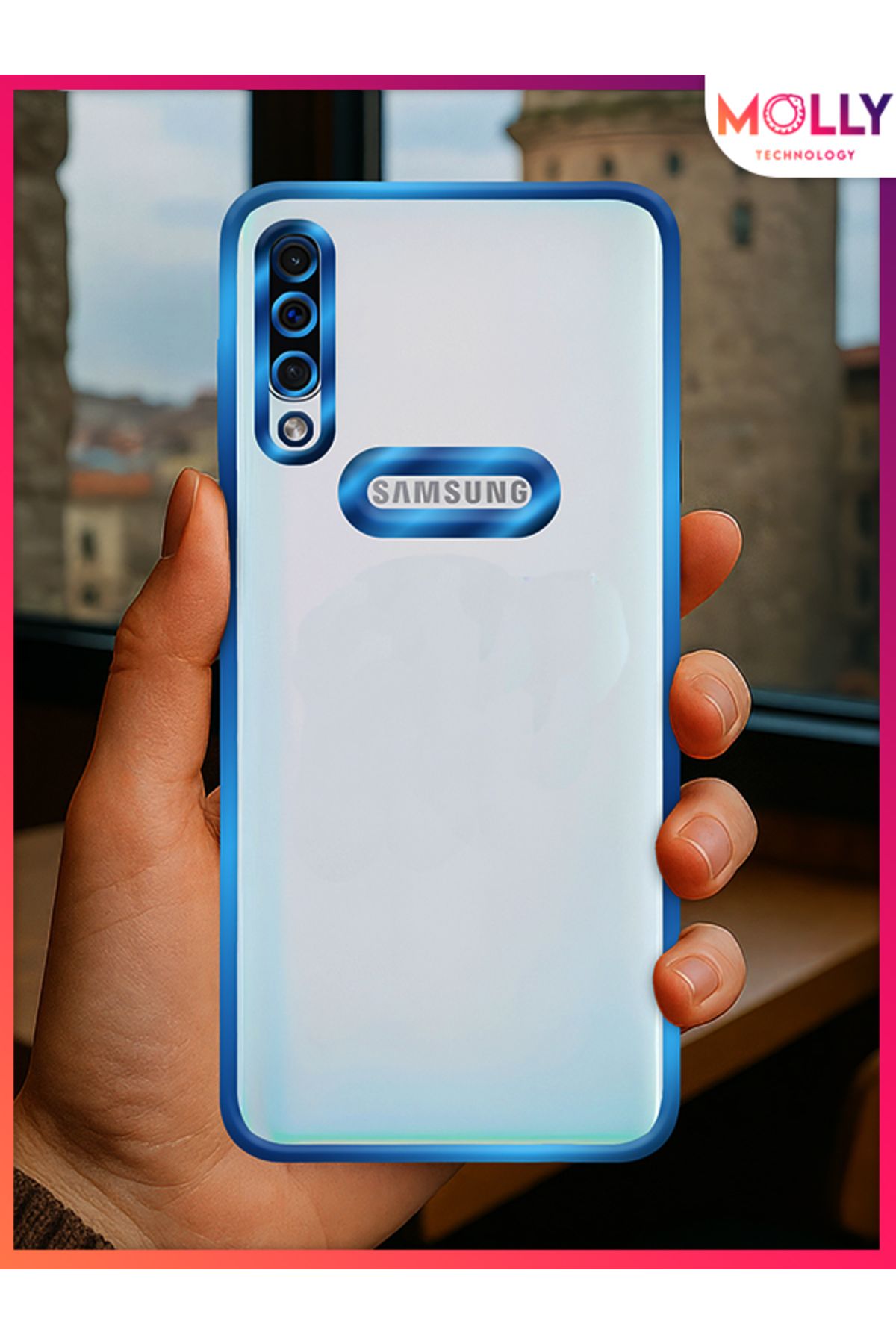Molly Samsung Galaxy A50 İçin Kenarları Metalik Mavi Lens Koruyuculu Lou Lazer Şeffaf Silikon Kılıf