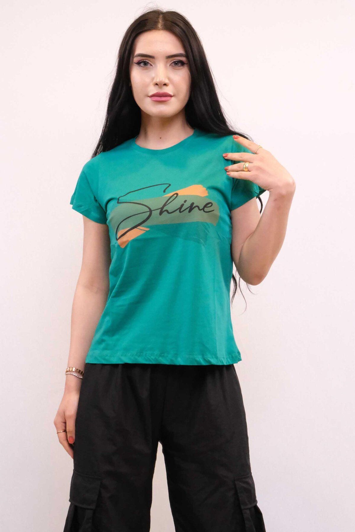 PuShe Moda Çizgi Shine Baskılı Tshirt Yeşil