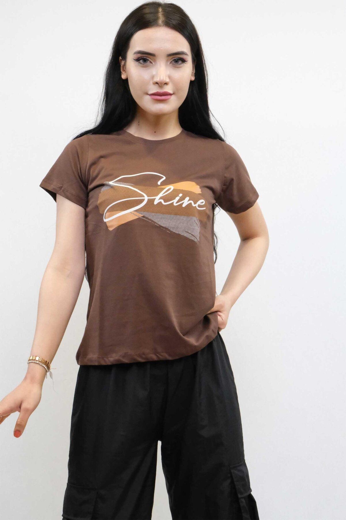 PuShe Moda Çizgi Shine Baskılı Tshirt Kahve
