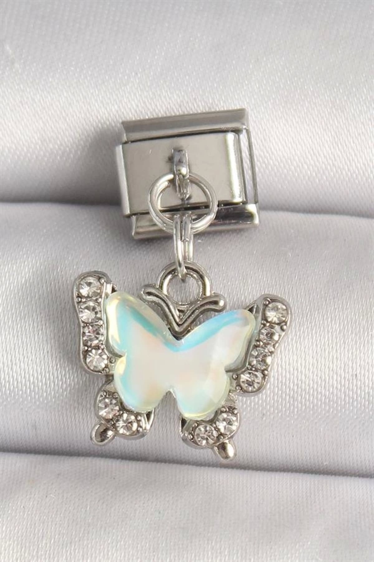 Lale Moda 316L Çelik Gümüş Renk Zirkon Taşlı Sarı Mineli Kelebek Model Nomination Charm