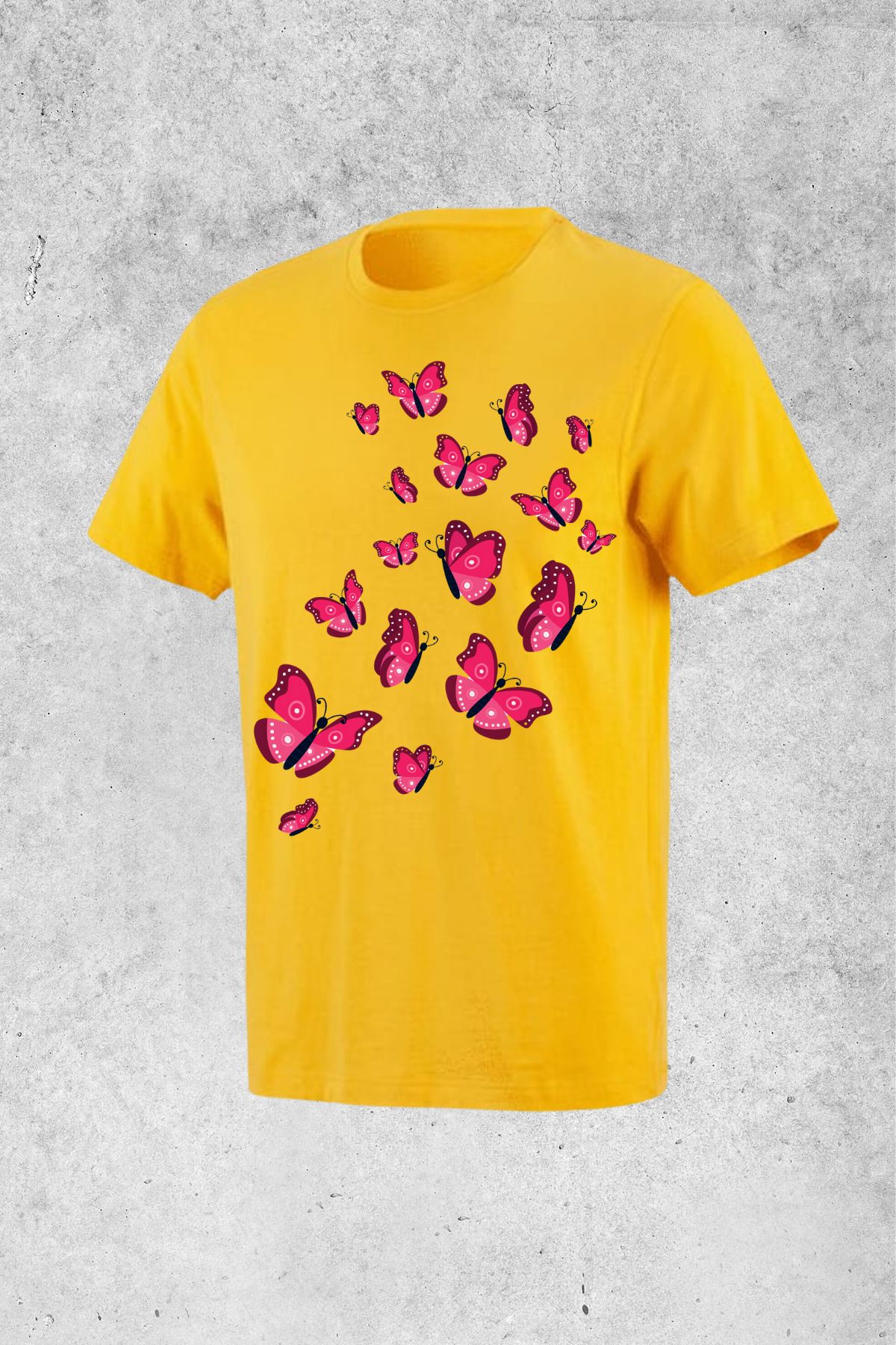 MOLICO Basic unisex sıfır yaka kısa kollu KOYU PEMBE KELEBEK baskılı tshirt