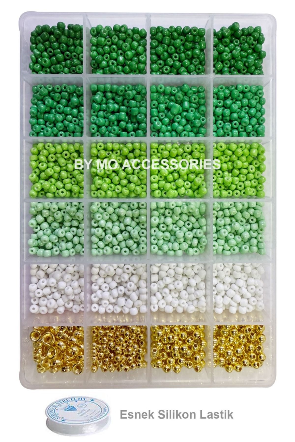 By MO Accessories Yeşil Tonlarında Kum Boncuklarla ve Altın Renk Ara Aparatlarla Takı Yapma Seti Bileklik Kolye