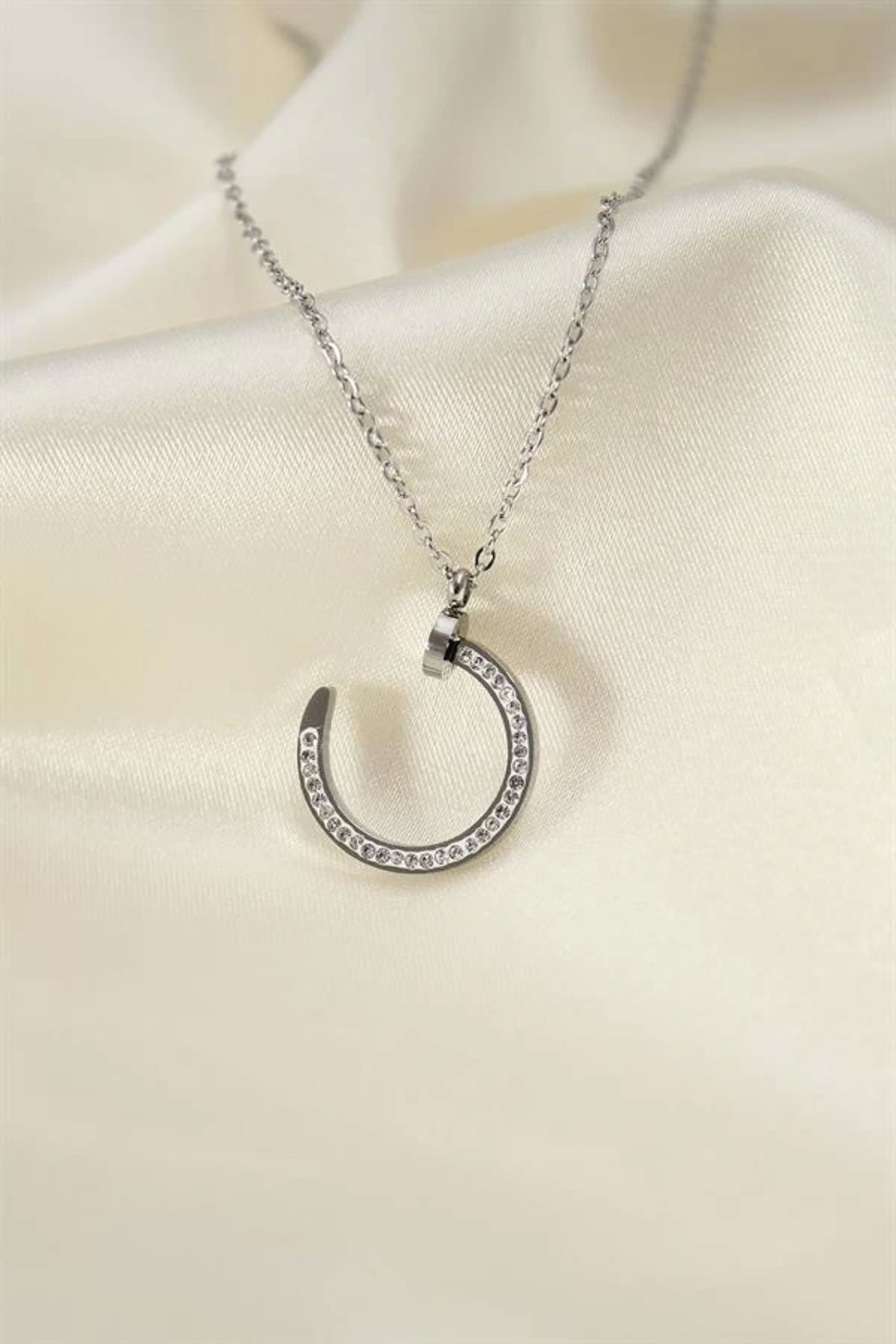 Lale Moda Çelik Silver Renk Zirkon Taşlı Çivi Model Kadın Kolye