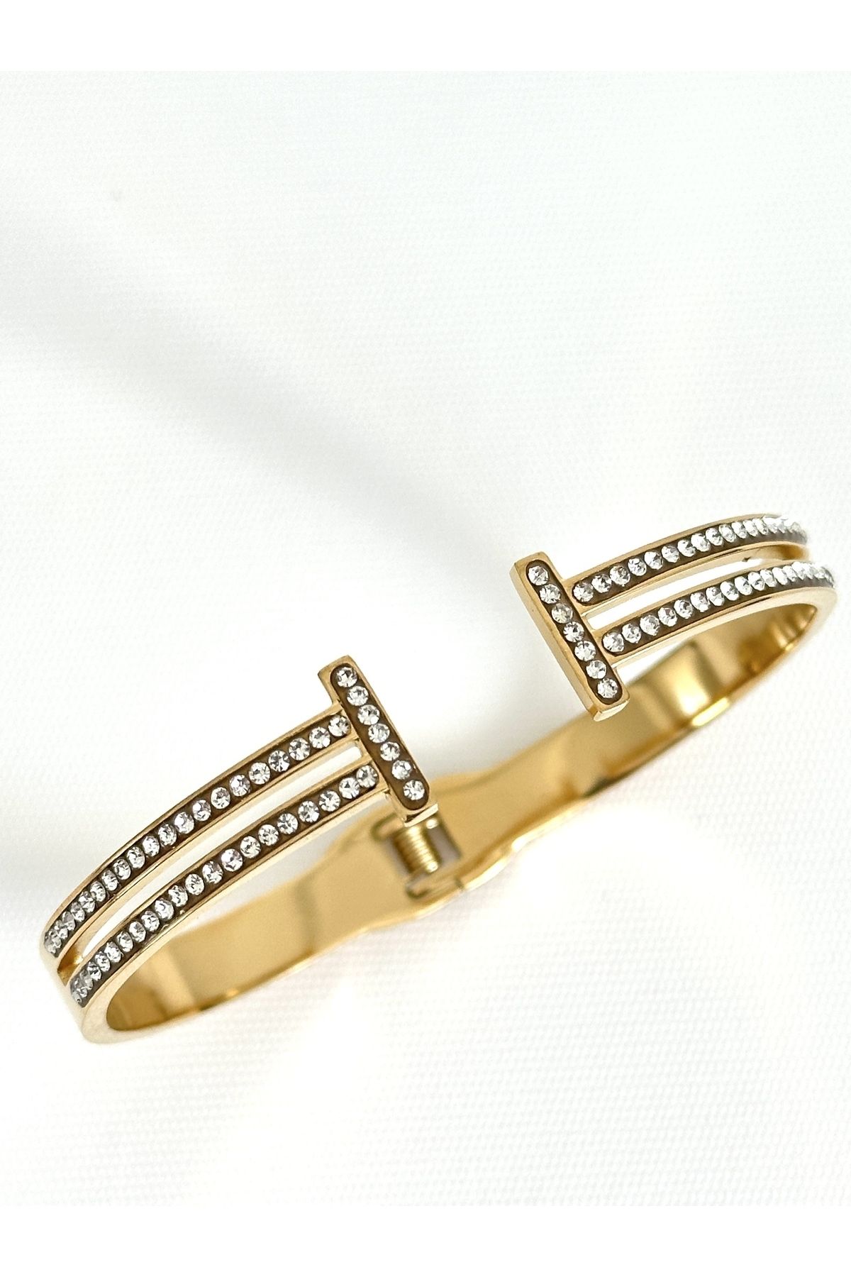 JEWELRY Çift Sıra Taşlı T Bilezik Çelik Gold