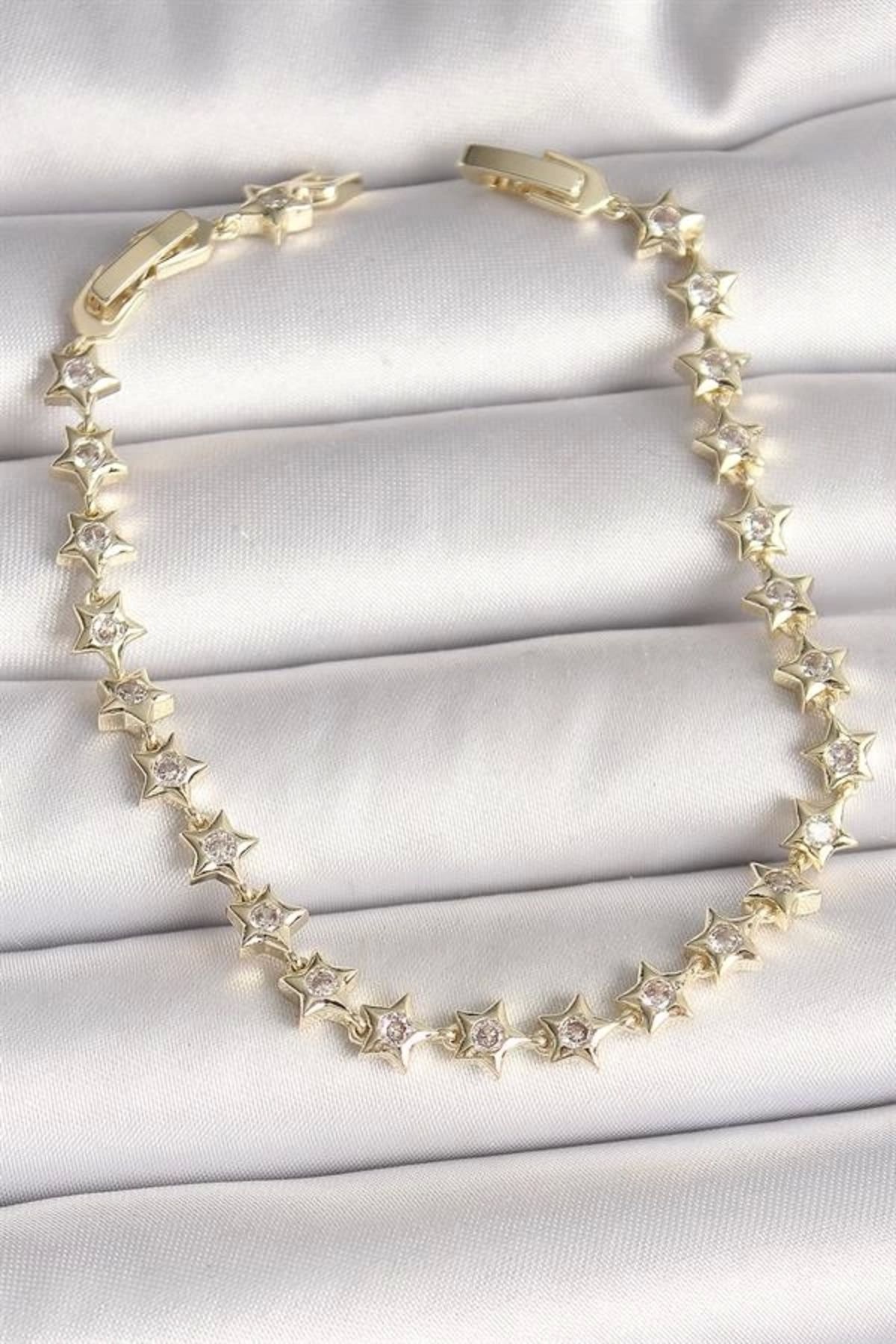 Lale Moda Pirinç Gold Renk Zirkon Taşlı Yıldız Model VIP Seri Kadın Bileklik