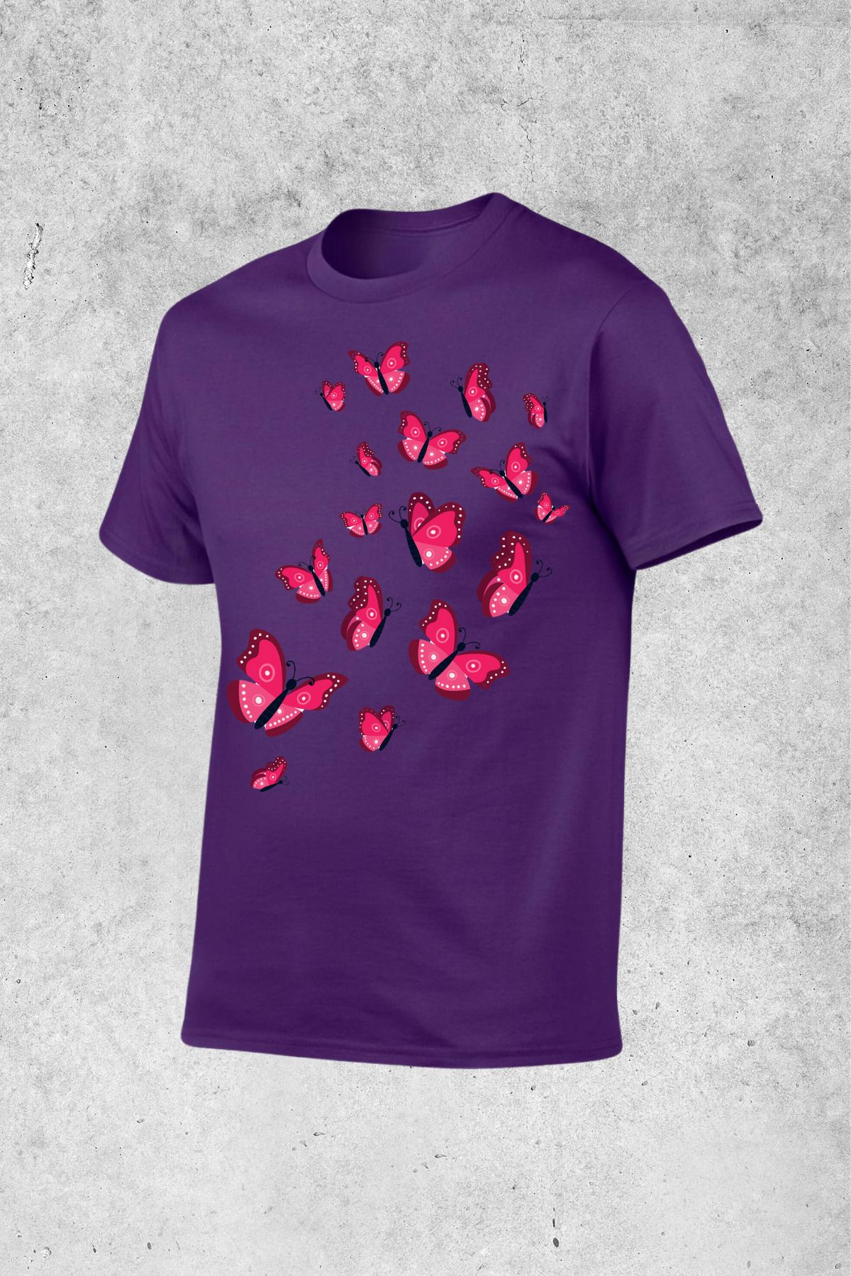 MOLICO Basic unisex sıfır yaka kısa kollu KOYU PEMBE KELEBEK baskılı tshirt