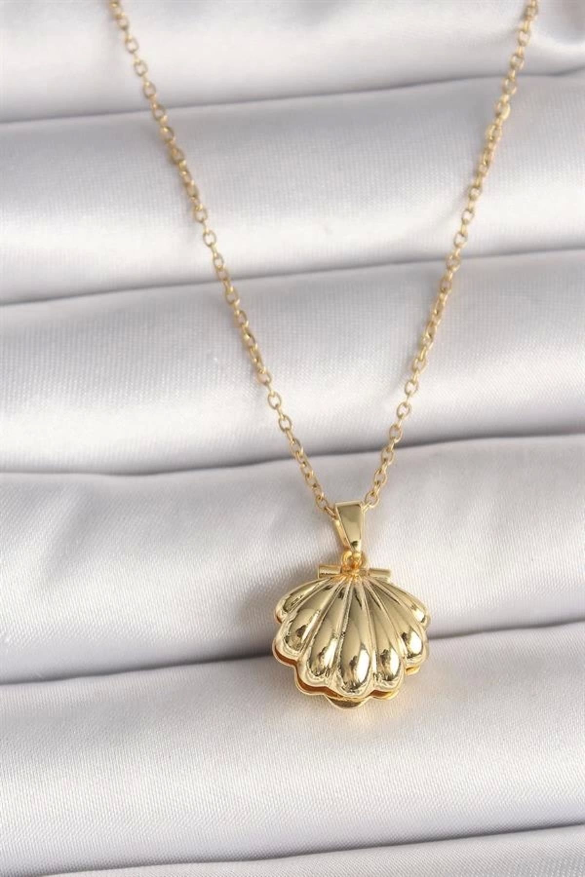 Lale Moda 316L Çelik Gold Renk Zincir Açılır İncili Midye Model Kadın Kolye