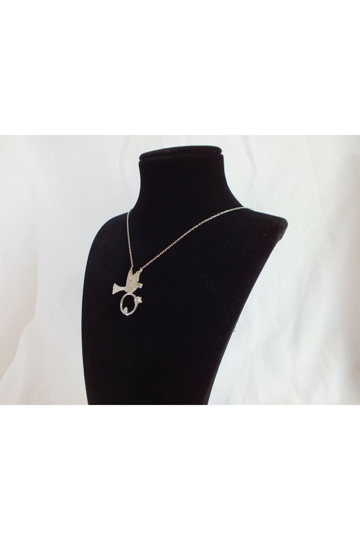 Marmaris Jewellery 925 Ayar Kadın Gümüş Kolye Güvercin ve Yüzük Temalı Hayalet Zincir Model