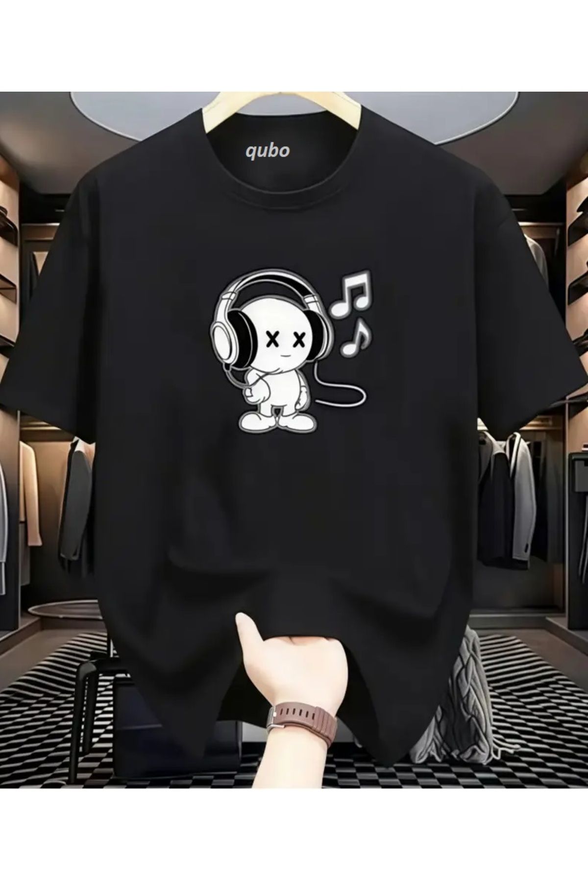qubo sportswear & company qubo Unisex Oversize Baskılı Pamuklu Bisiklet Yaka Kısa Kollu SİYAH T-shirt