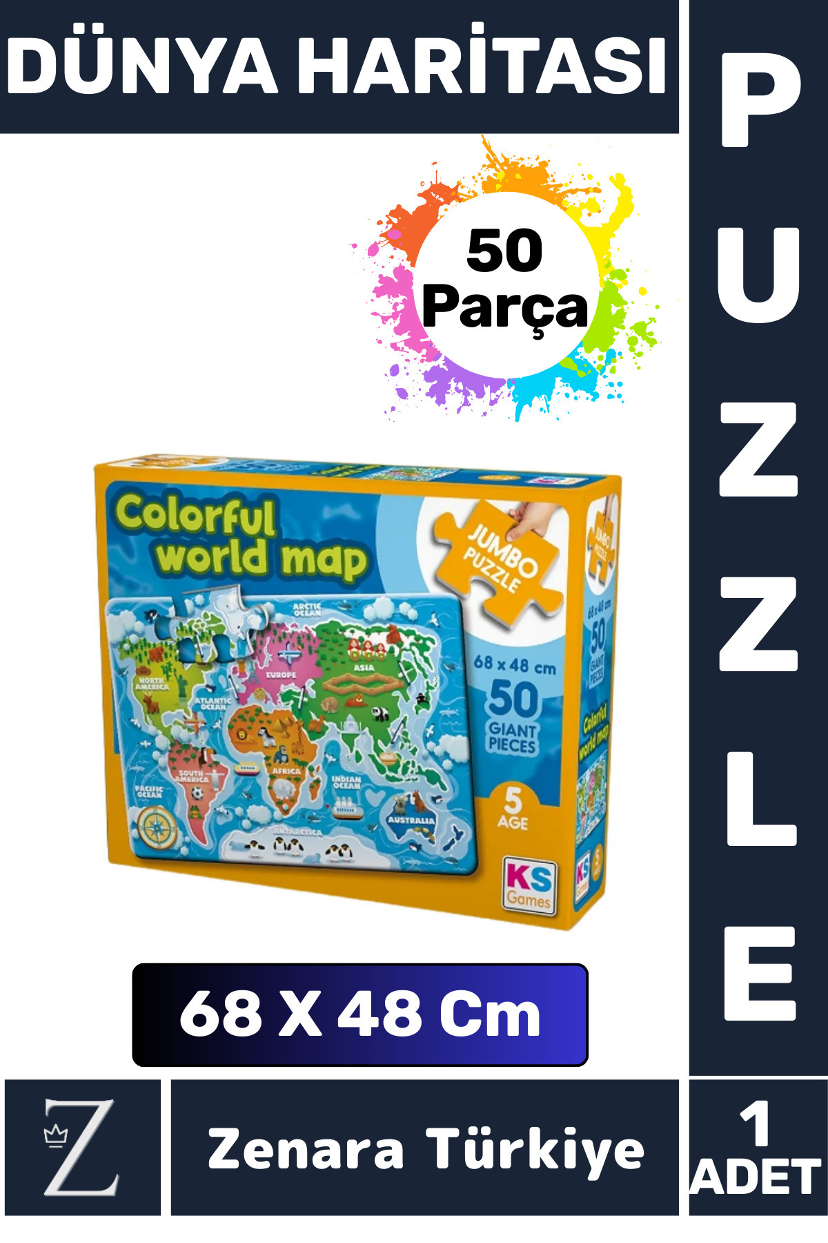 Zenara-Fun Educational Visual Perception Problem-Solving Skill Children's Large Puzzle 50 Pieces World Map 1