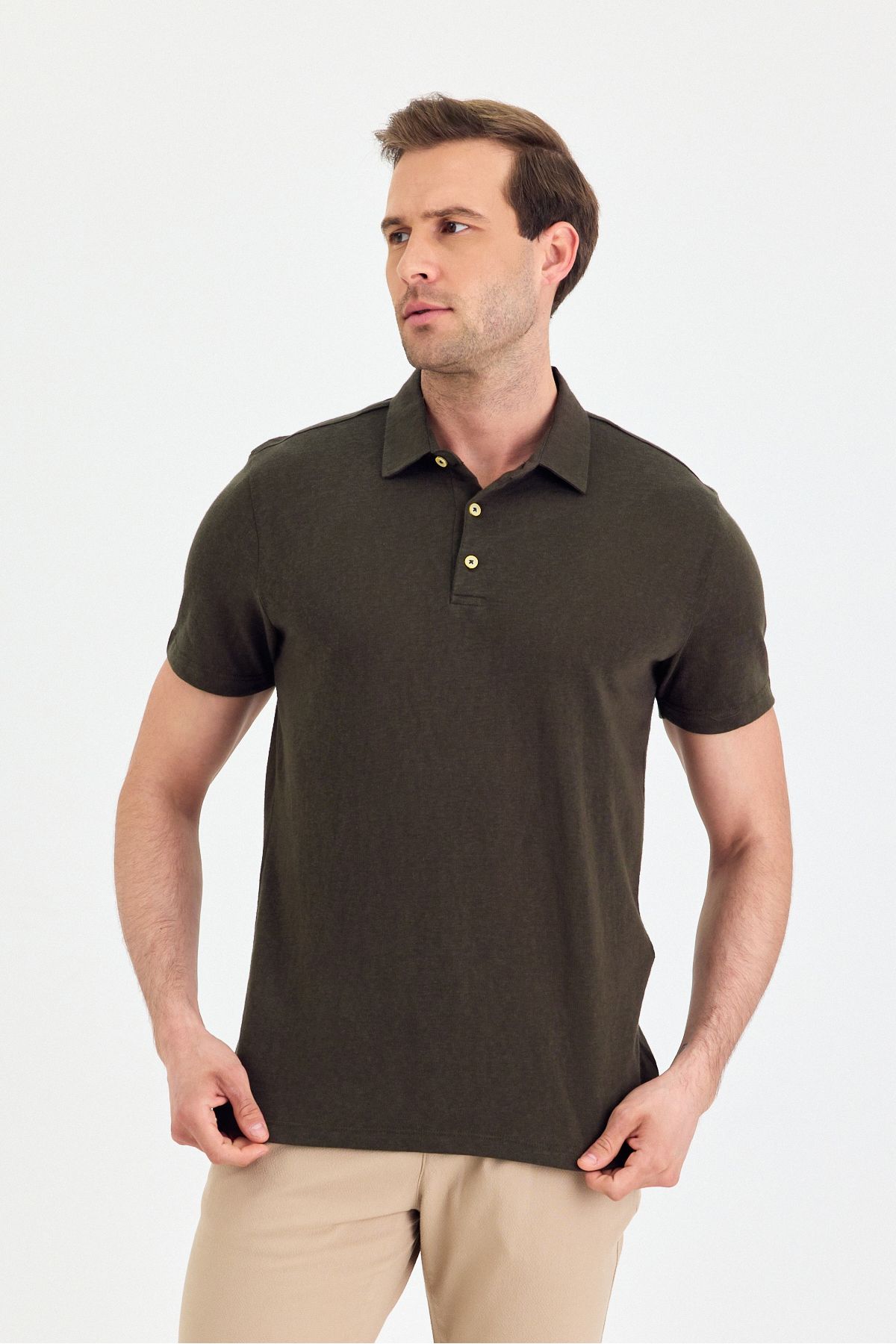 ENQUE Erkek Basic Düz Beyaz Düğmeli Polo Yaka Kıvrılmaz %100 Pamuk Slim Fit Tişört
