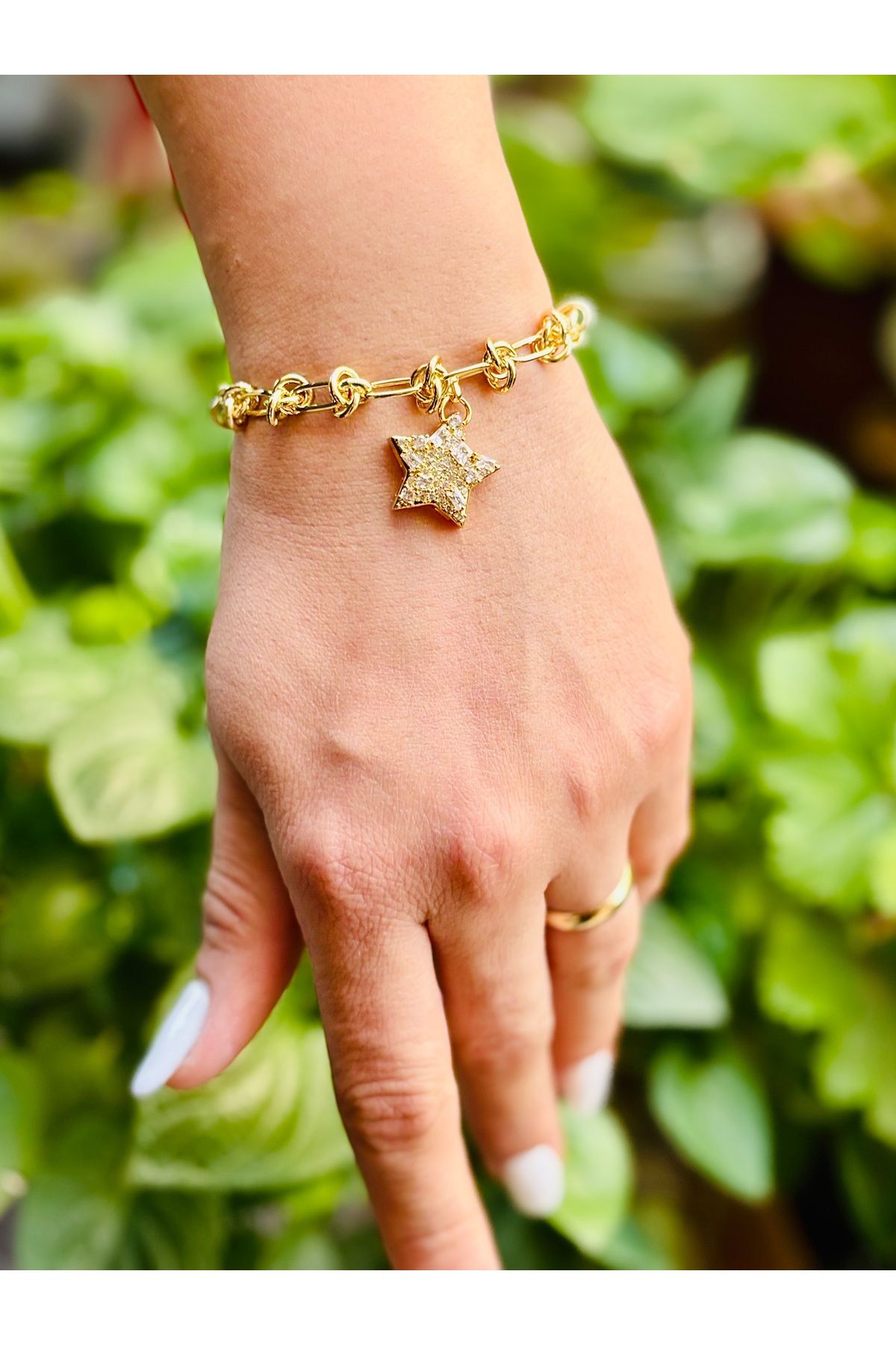 henahera accessory Zirkon Taşlı Düğüm Zincir 14k Altın kaplama Yıldız Charmlı Bileklik