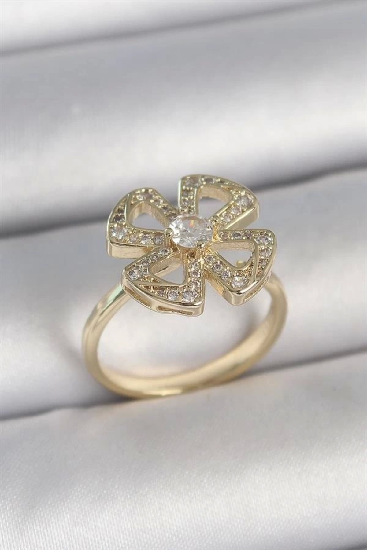 Lale Moda Pirinç Gold Renk Zirkon Taşlı Yonca Model Ayarlanabilir Kadın Yüzük