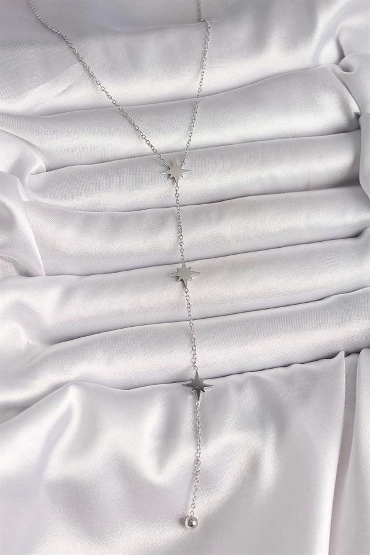 Lale Moda 316L Çelik Gümüş Renk Yıldızlı Model Topçuk Detay Kadın Y Kolye
