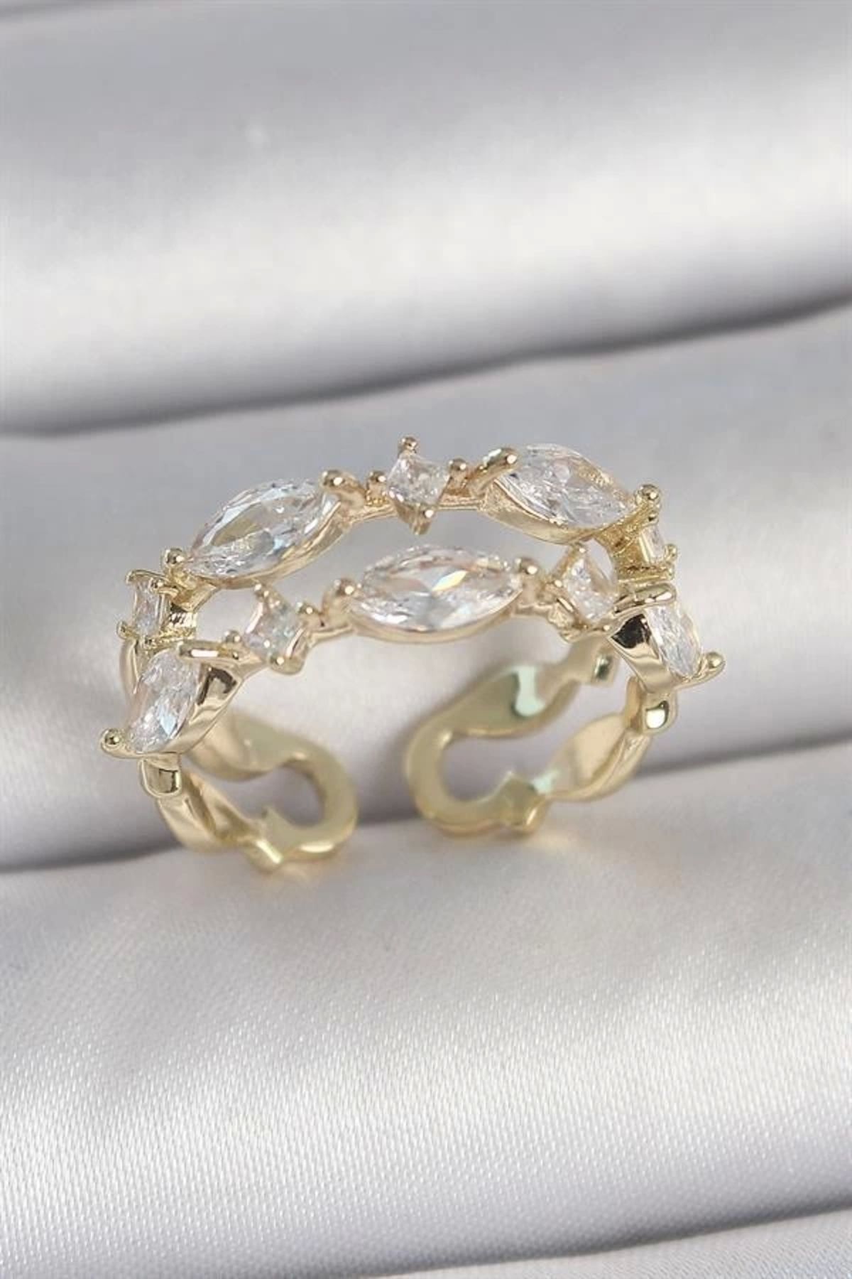 Lale Moda Pirinç Gold Renk 2'Li Damla Zirkon Taşlı Ayarlanabilir Kadın Yüzük