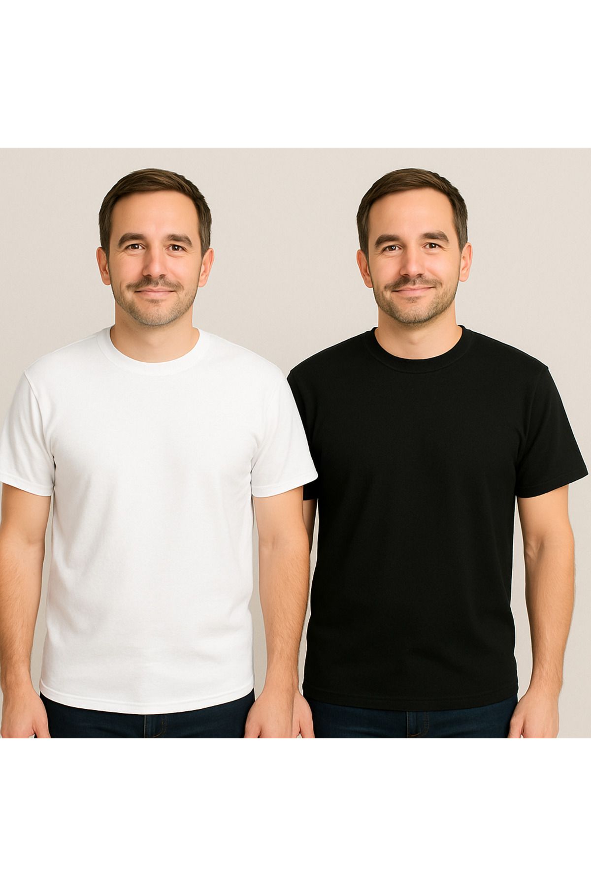 ZALKAYA Bisiklet Yaka Basic Renkli T-shirt 2Li Adet Siyah-Beyaz