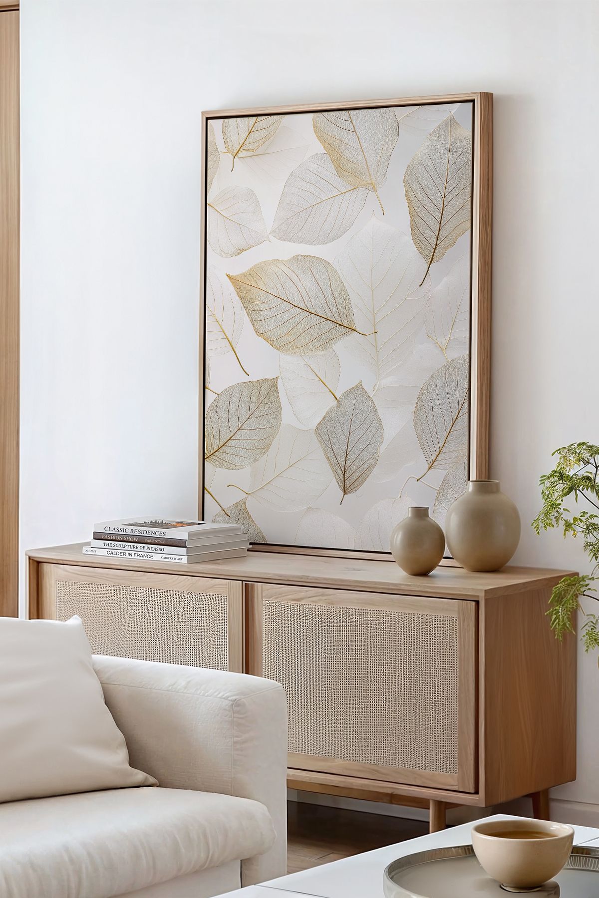 AKSU SANAT Beyaz Yapraklar, Minimalist ÇERÇEVELİ Kanvas Tablo, ÇİFT ÇERÇEVELİ Tablo 1KTBL8