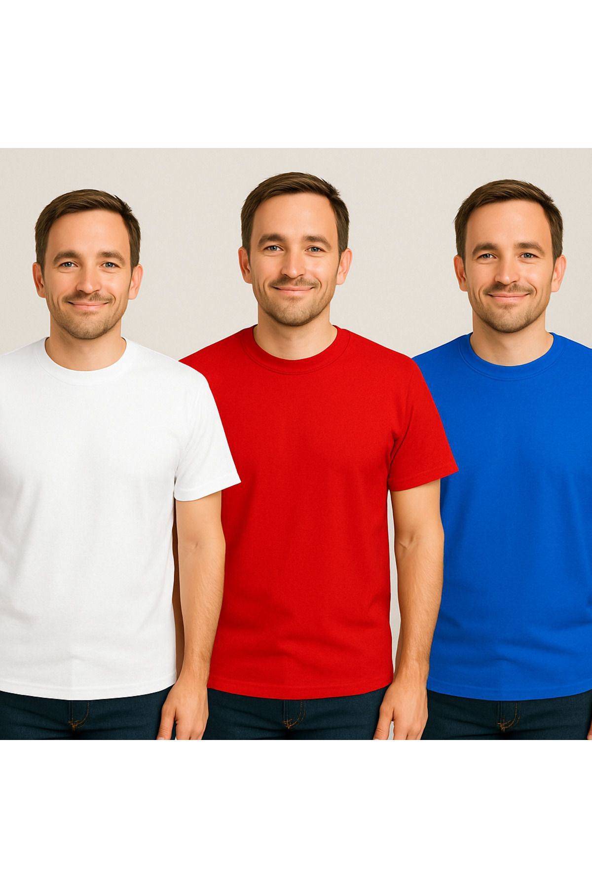ZALKAYA Bisiklet Yaka Basic Renkli T-shirt 3Lü Adet Beyaz - Kırmızı - Mavi