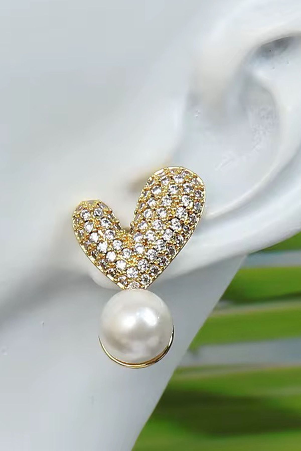 laria jewelry Taşlı Kalp İncili Küpe