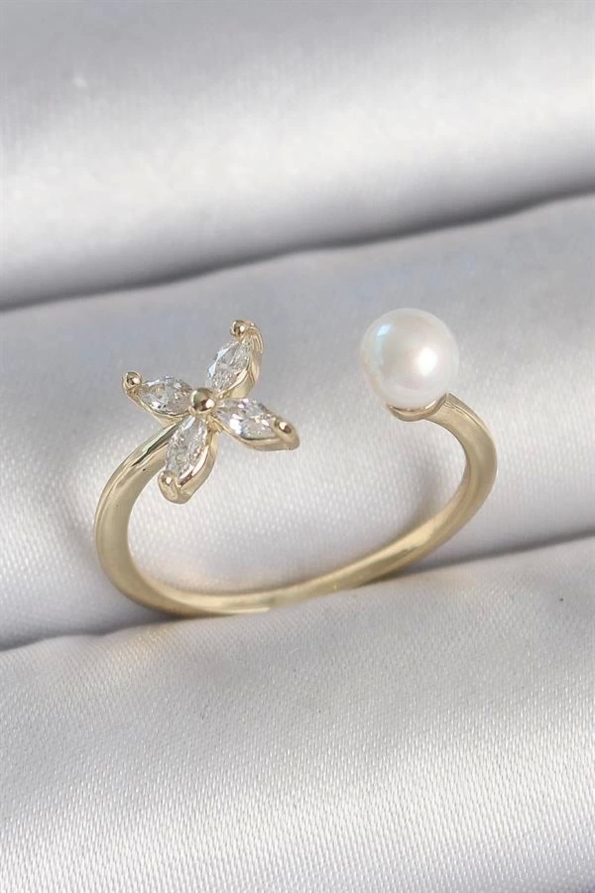 Lale Moda Pirinç Gold Renk Zirkon Taşlı Çiçek Model İnci Detay Ayarlanabilir Kadın Yüzük