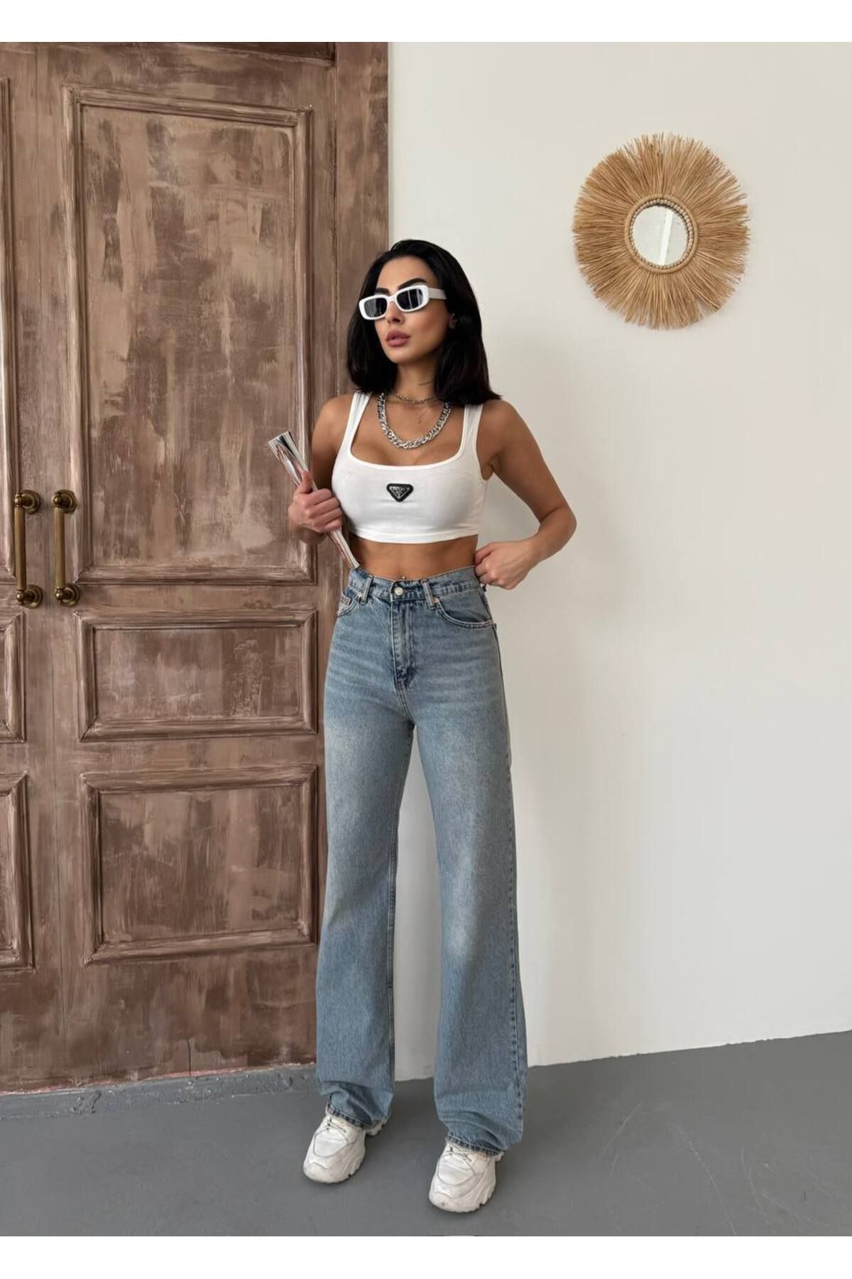 OWWO Kadın Soluk Mavi Yüksek Bel Geniş Paça Bol, Palazzo Salaş Wide Leg Jeans
