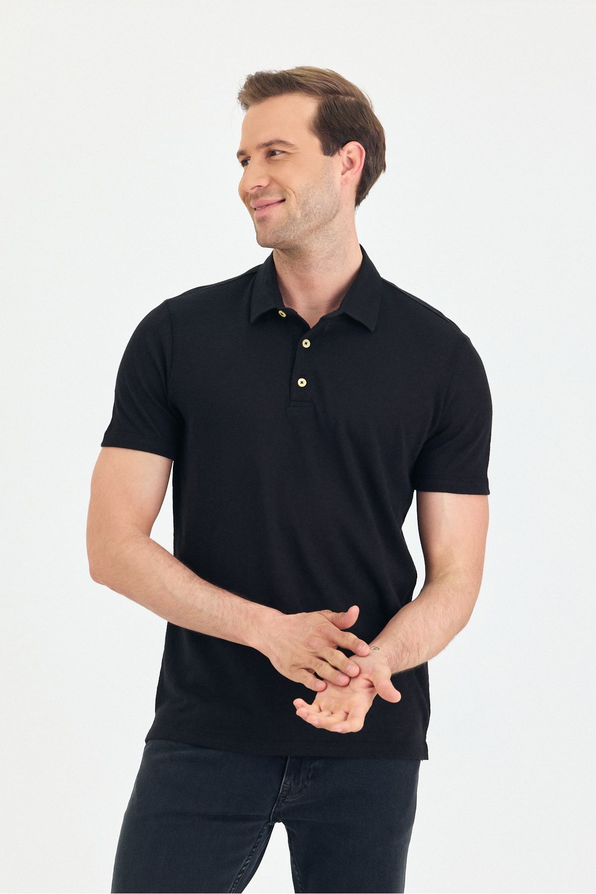 ENQUE Erkek Basic Düz Beyaz Düğmeli Polo Yaka Kıvrılmaz %100 Pamuk Slim Fit Tişört