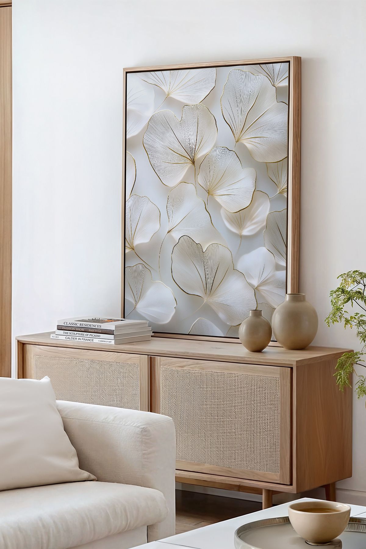 AKSU SANAT Beyaz Çiçekler, Minimalist ÇERÇEVELİ Kanvas Tablo, ÇİFT ÇERÇEVELİ Tablo 1KTBL7