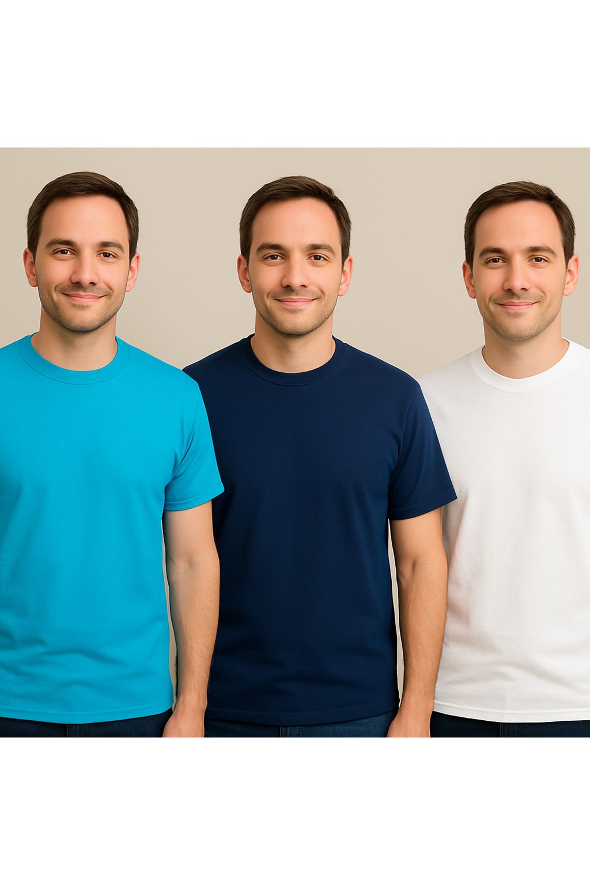ZALKAYA Bisiklet Yaka Basic Renkli T-shirt 3Lü Adet Turkuaz Lacivert Beyaz