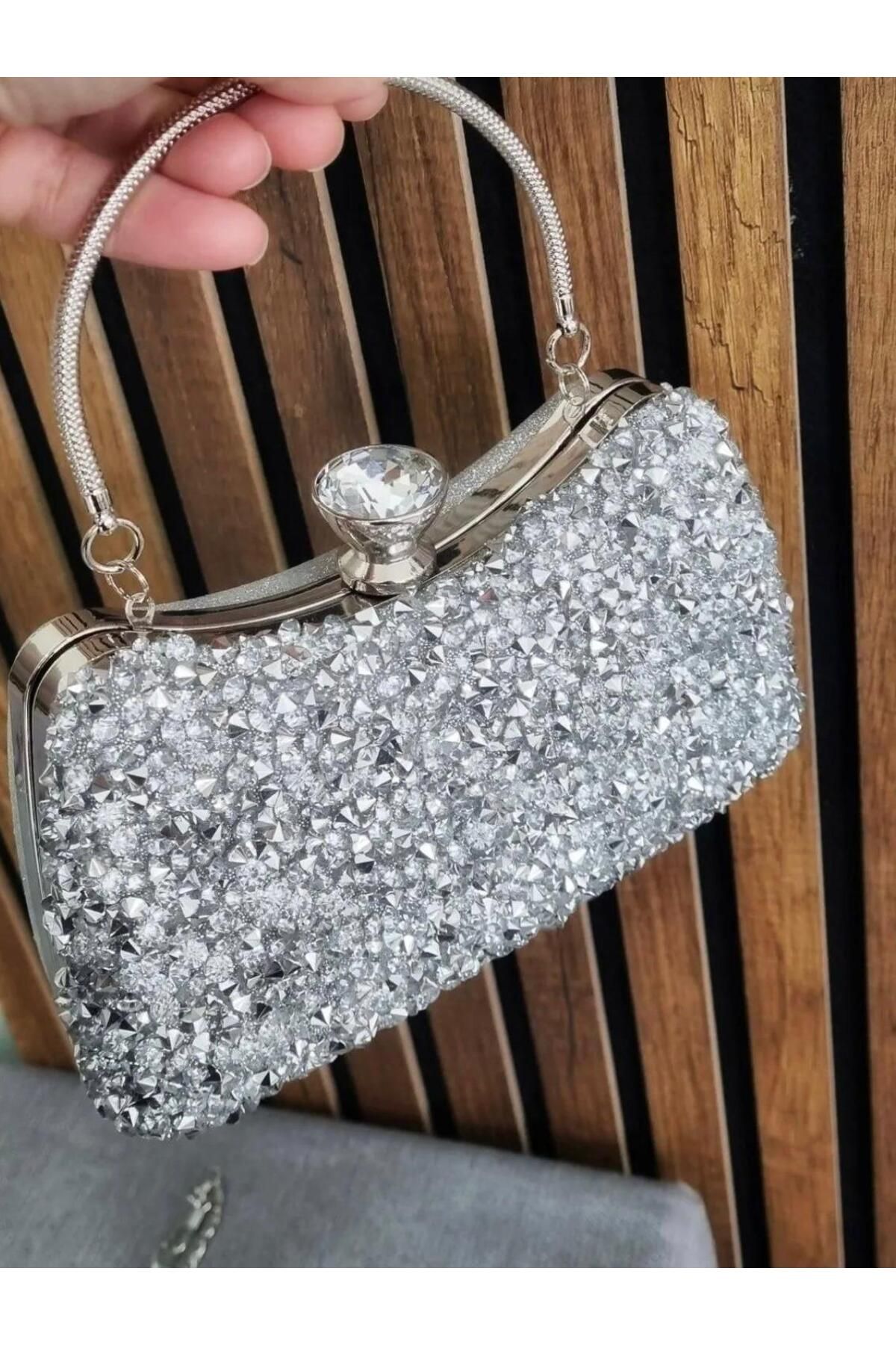 ST Bags Kadın Gümüş Kristal Taşlı Yeni Tasarım Abiye Çanta