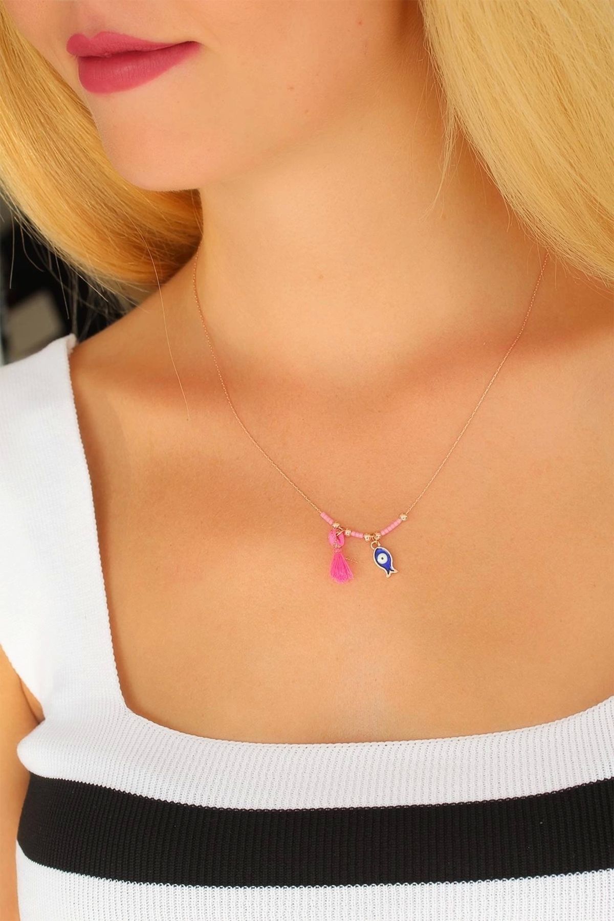 bamido Nazar Boncuklu Pembe Renk Taşlı Rose Kolye - Bamido